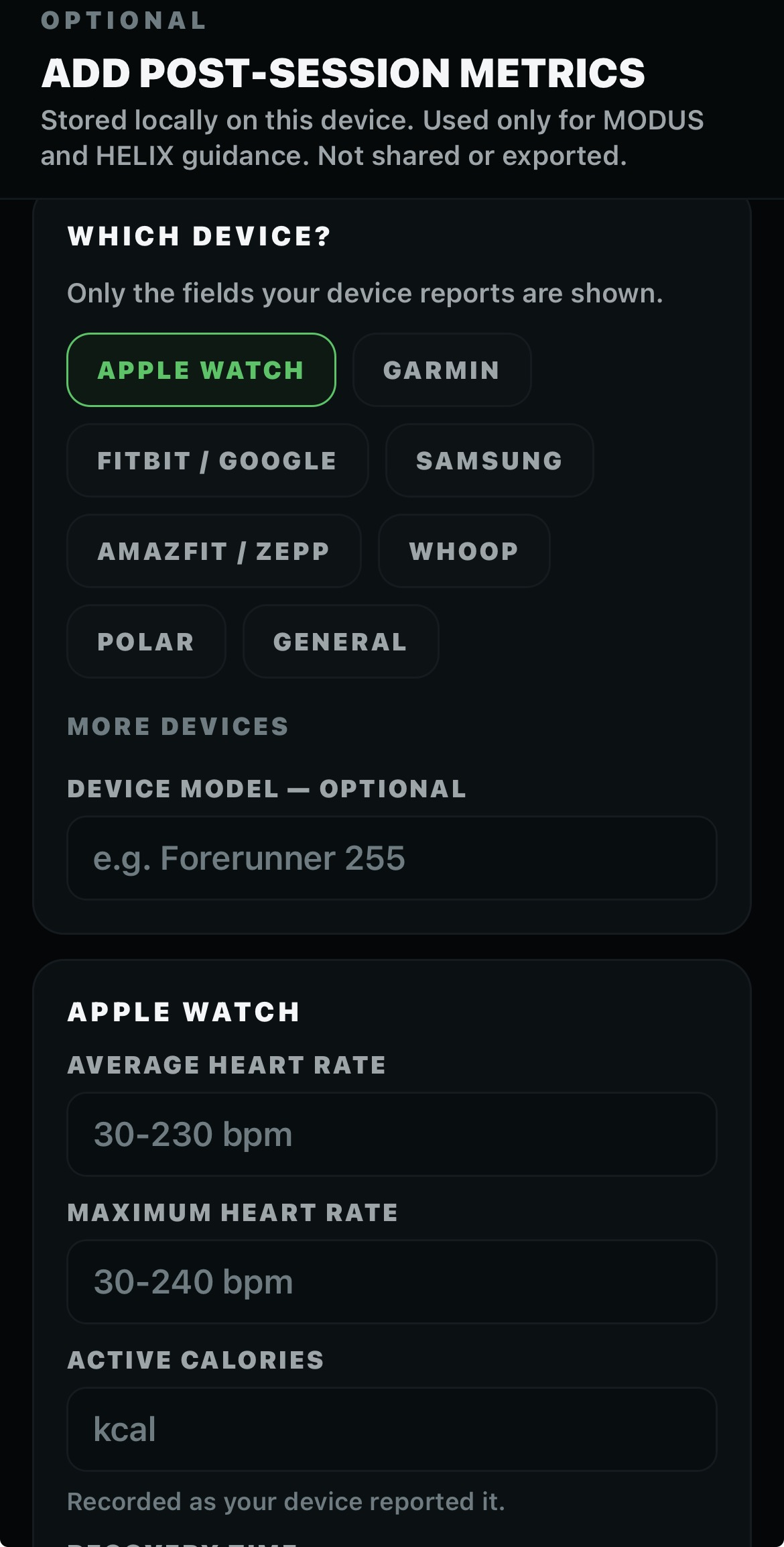 Add post-session metrics screen with a device picker and manual average heart rate, maximum heart rate and active calories fields