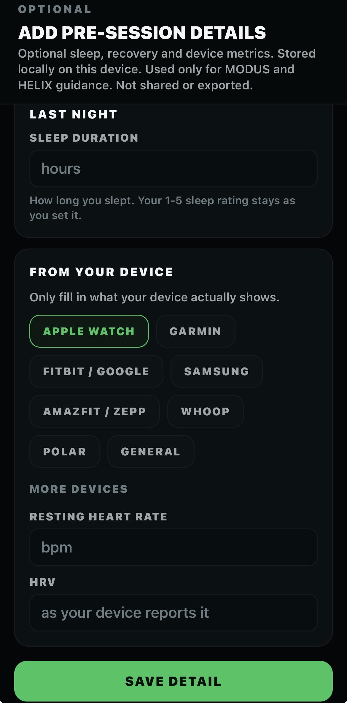 Add pre-session details screen with optional sleep duration, a device picker and manual resting heart rate and HRV fields