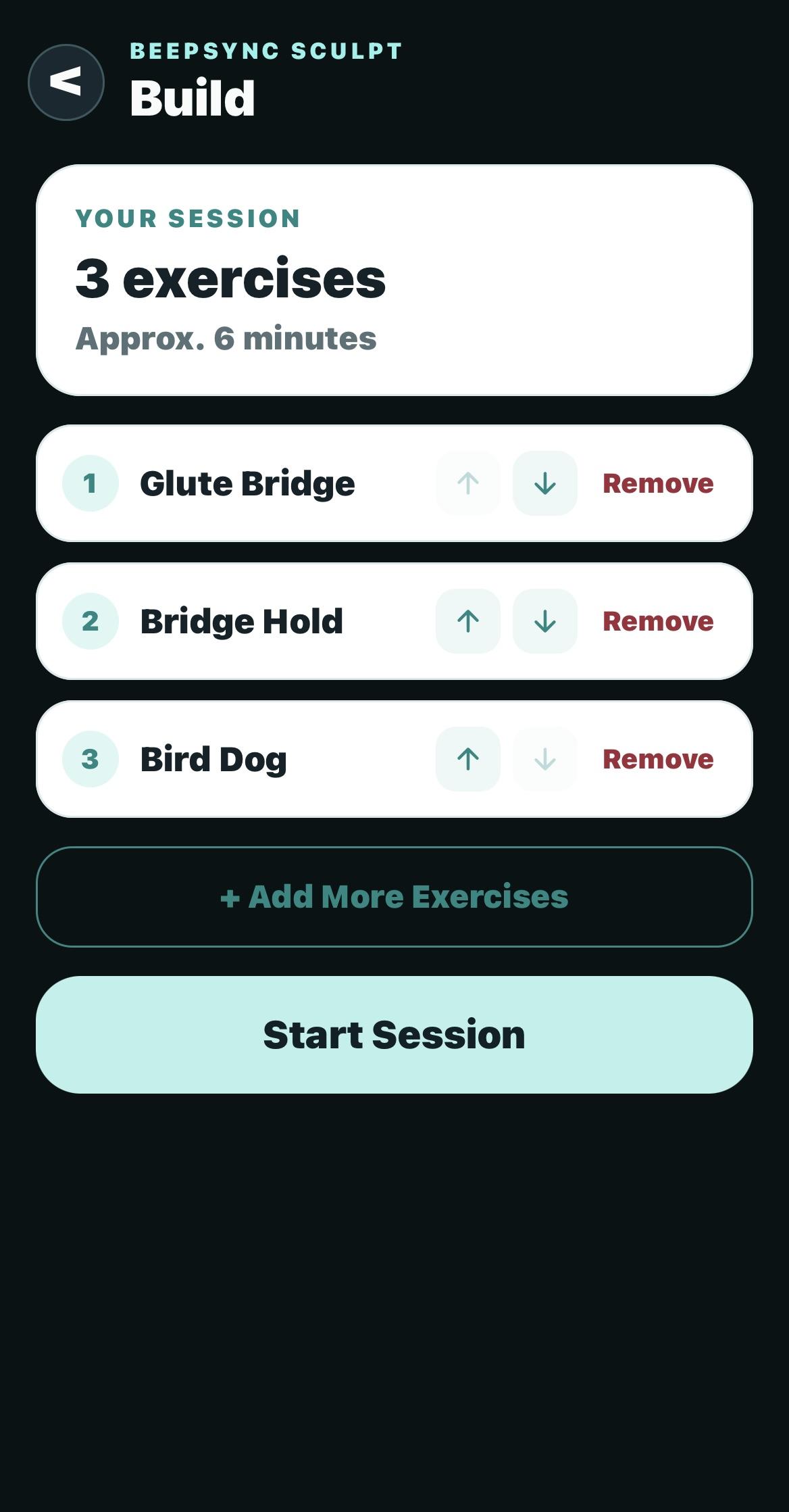 Session builder listing three selected exercises with reorder, remove and start controls