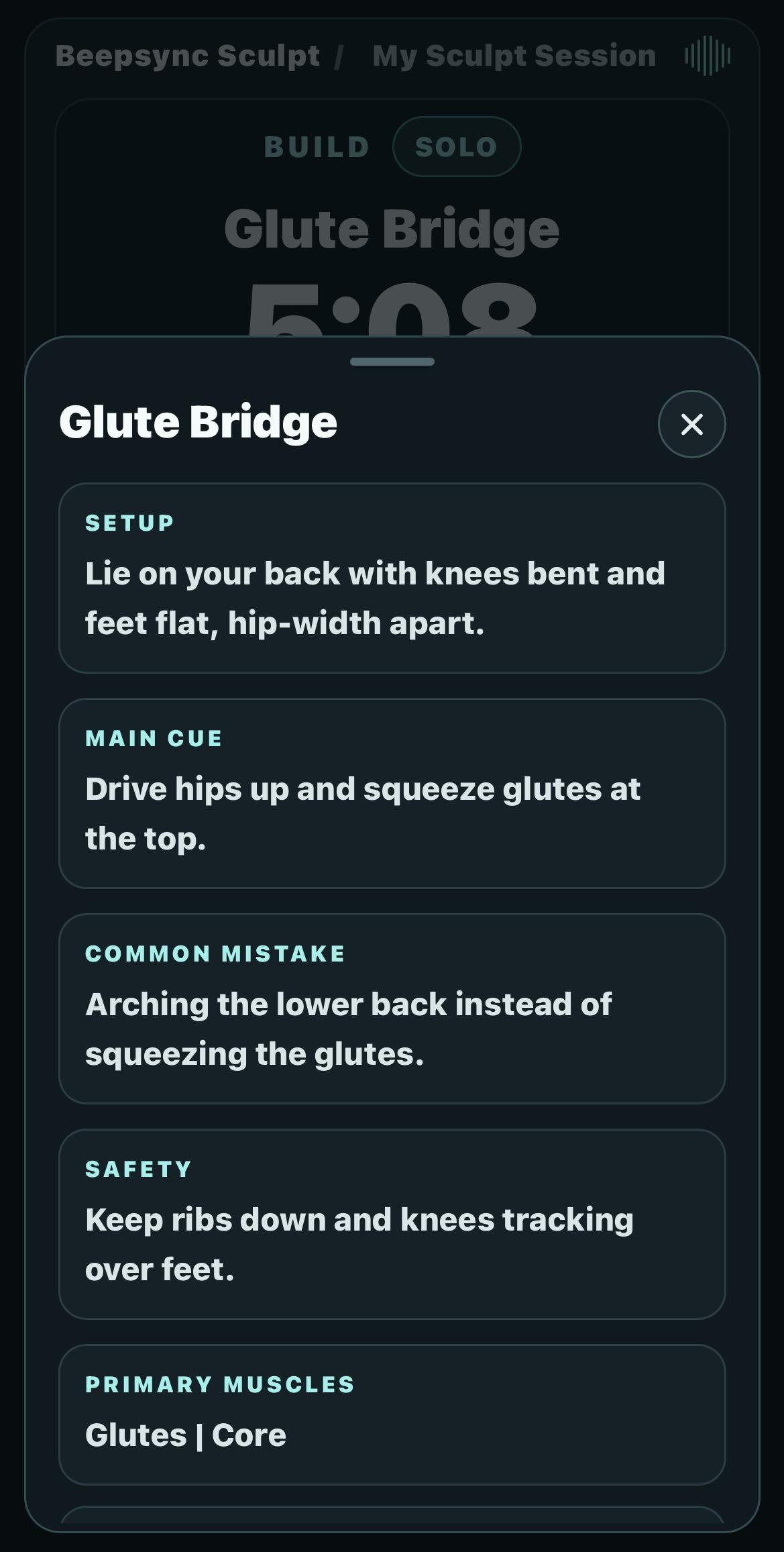 Exercise detail sheet for Glute Bridge showing setup, main cue, common mistake, safety and primary muscles