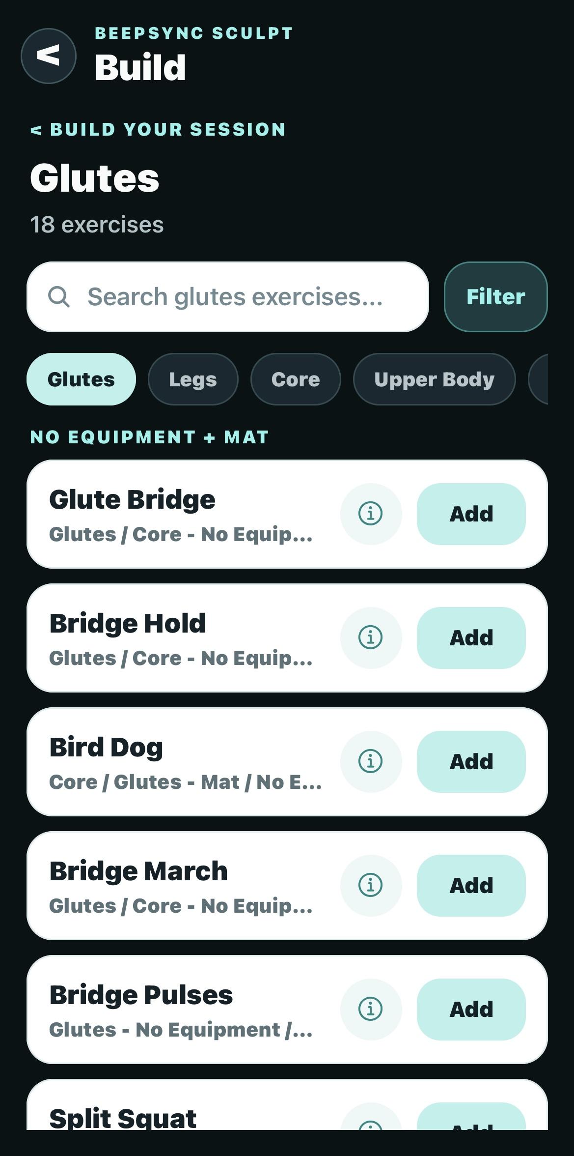 Glutes exercise list showing movements with information and add controls