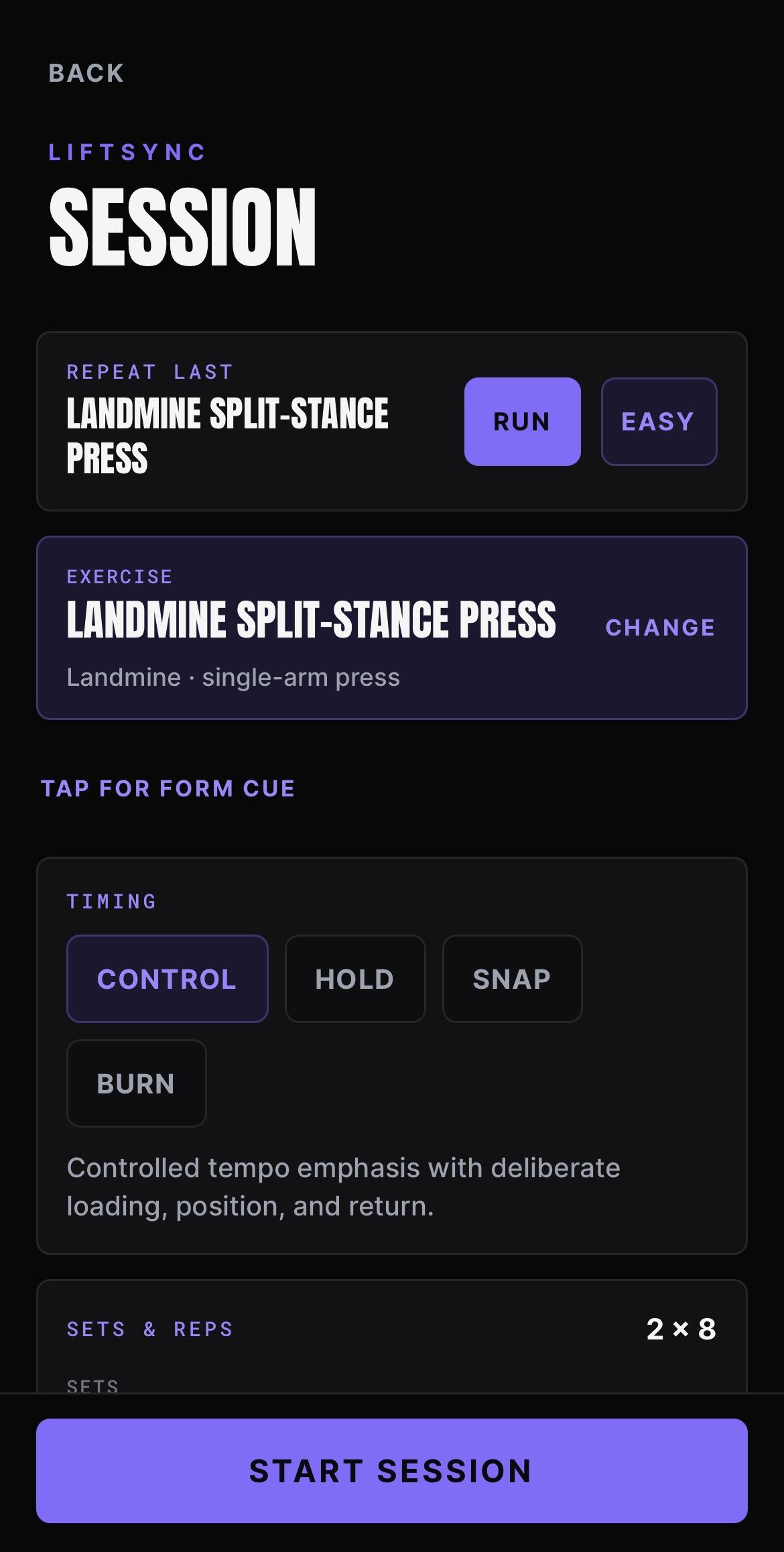 BeepSync LIFTSYNC session setup showing the selected exercise, the available timing presets and the sets, reps, rest and countdown controls
