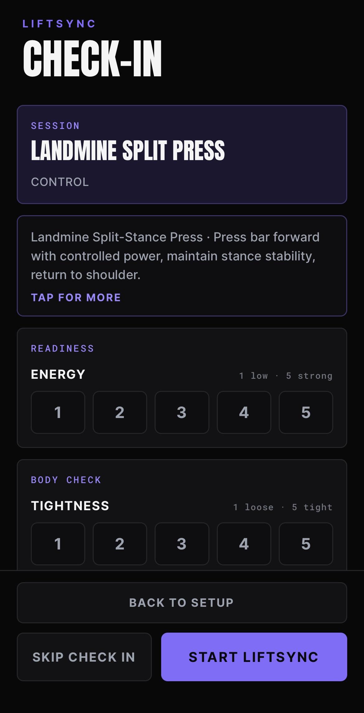 BeepSync LIFTSYNC pre-session check-in recording energy, tightness and joint state before the first rep