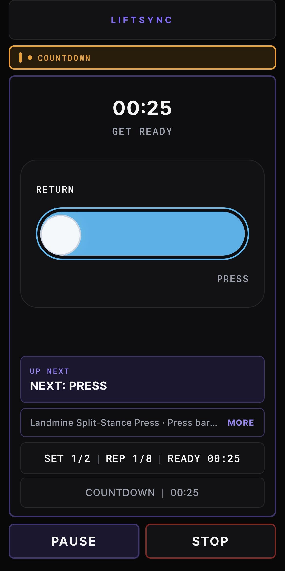 BeepSync LIFTSYNC execution console showing the countdown state band, a 25 second get ready timer, the return to press tempo bar, set and rep counters and pause and stop controls