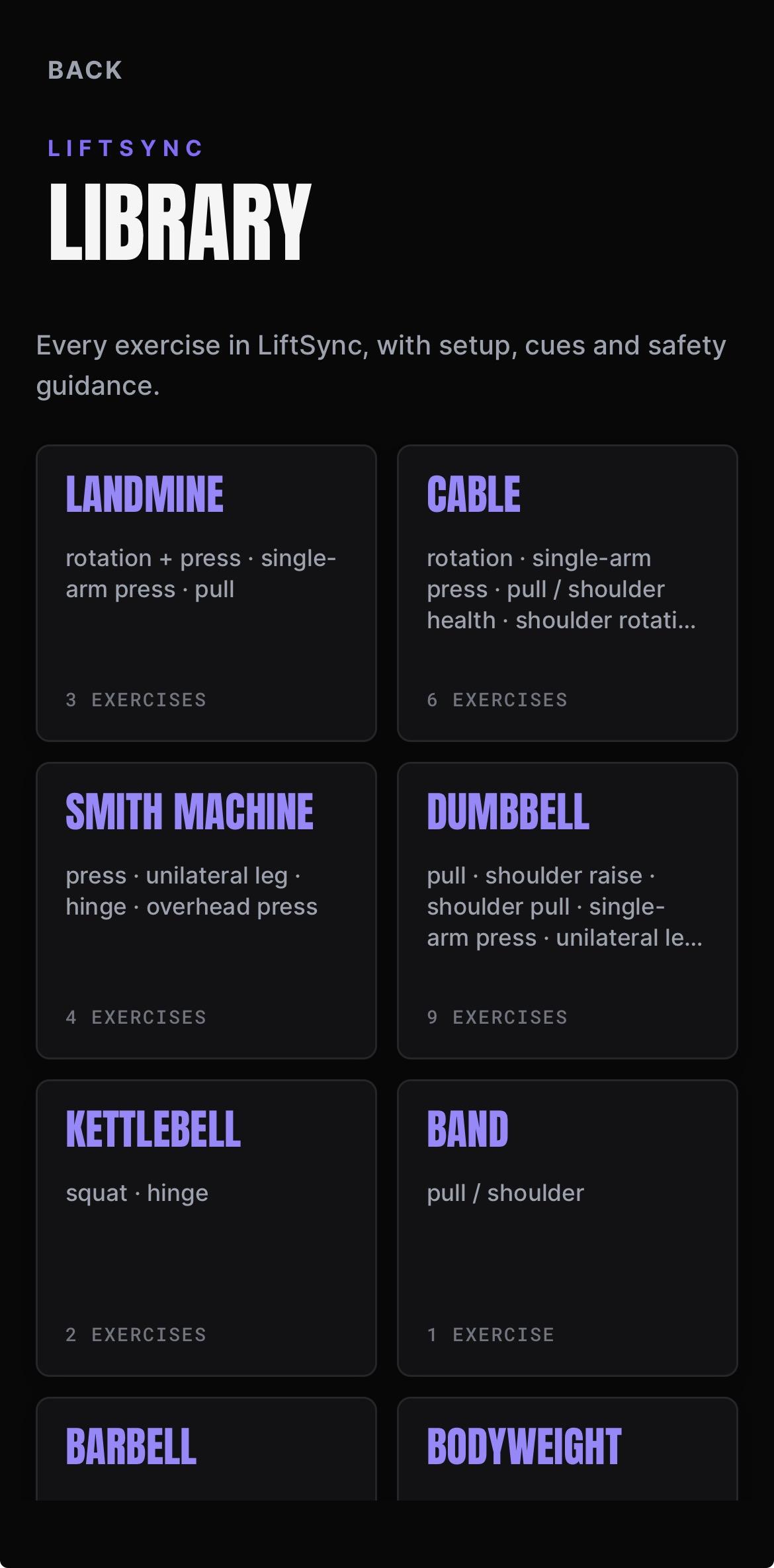 BeepSync LIFTSYNC exercise library index listing the equipment categories with the number of exercises in each