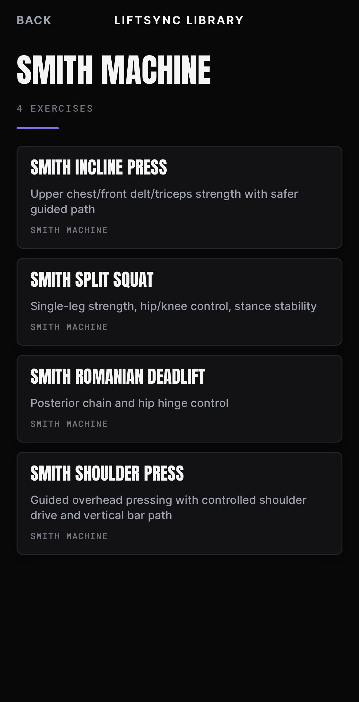 BeepSync LIFTSYNC exercise library showing the Smith Machine category and the movements authored inside it