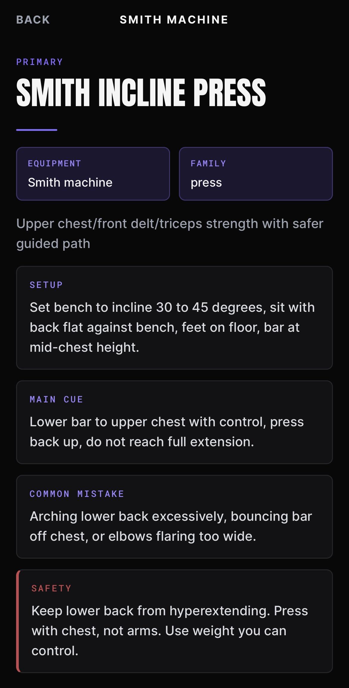 BeepSync LIFTSYNC exercise detail showing setup, the main cue, a common mistake and safety notes for the movement