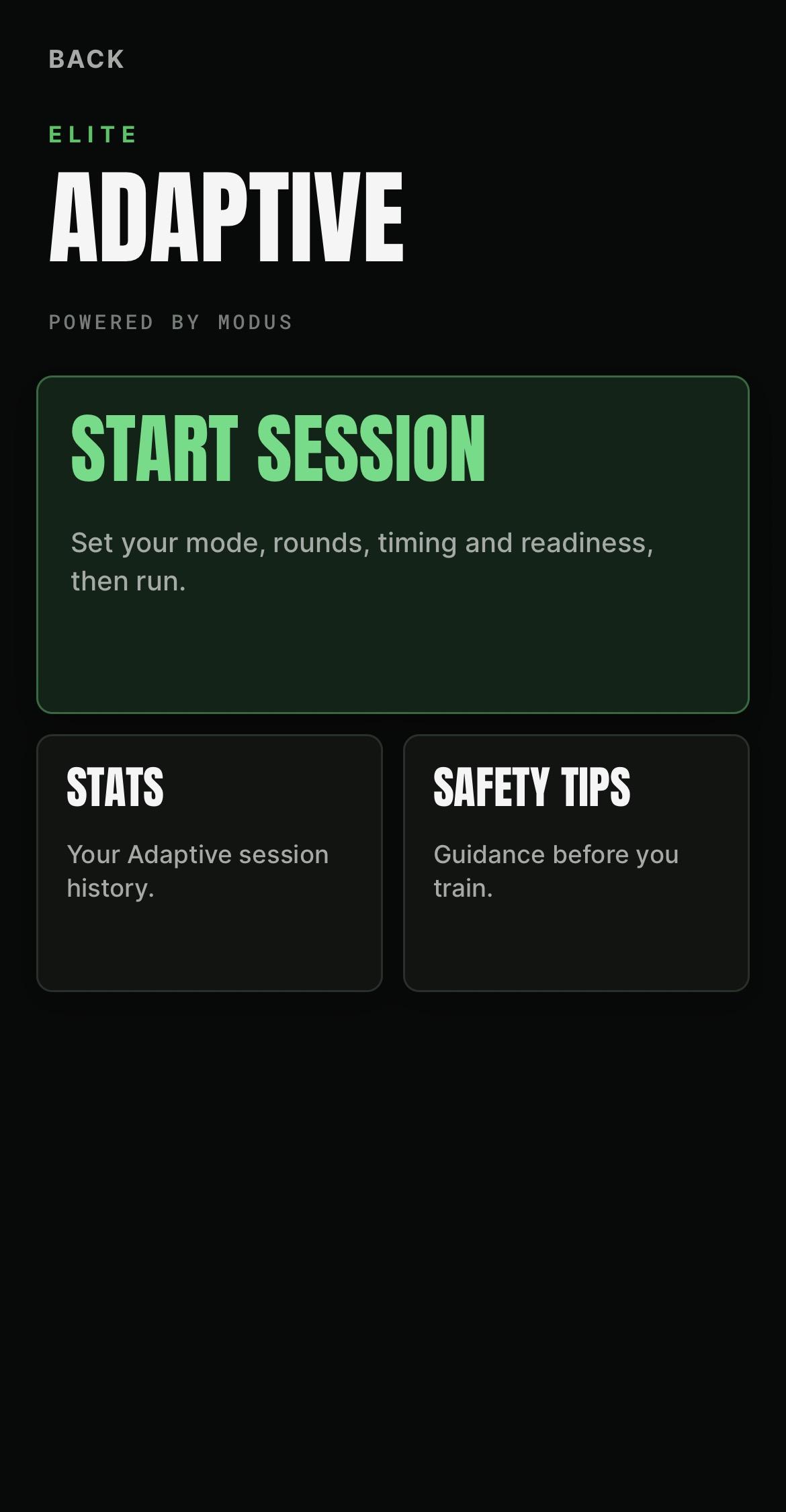 BeepSync Adaptive home screen with Start Session, Stats and Safety Tips options