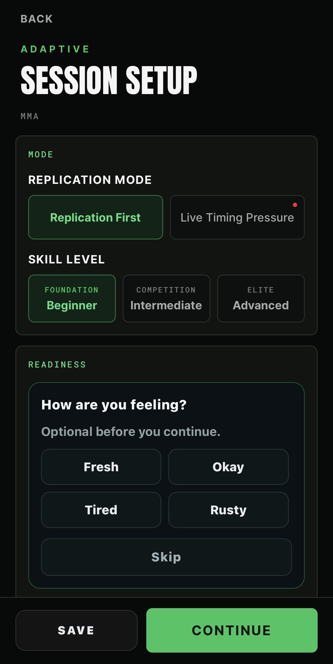 BeepSync Adaptive session setup for MMA showing the replication mode choice, the Foundation, Competition and Elite skill levels and an optional readiness question
