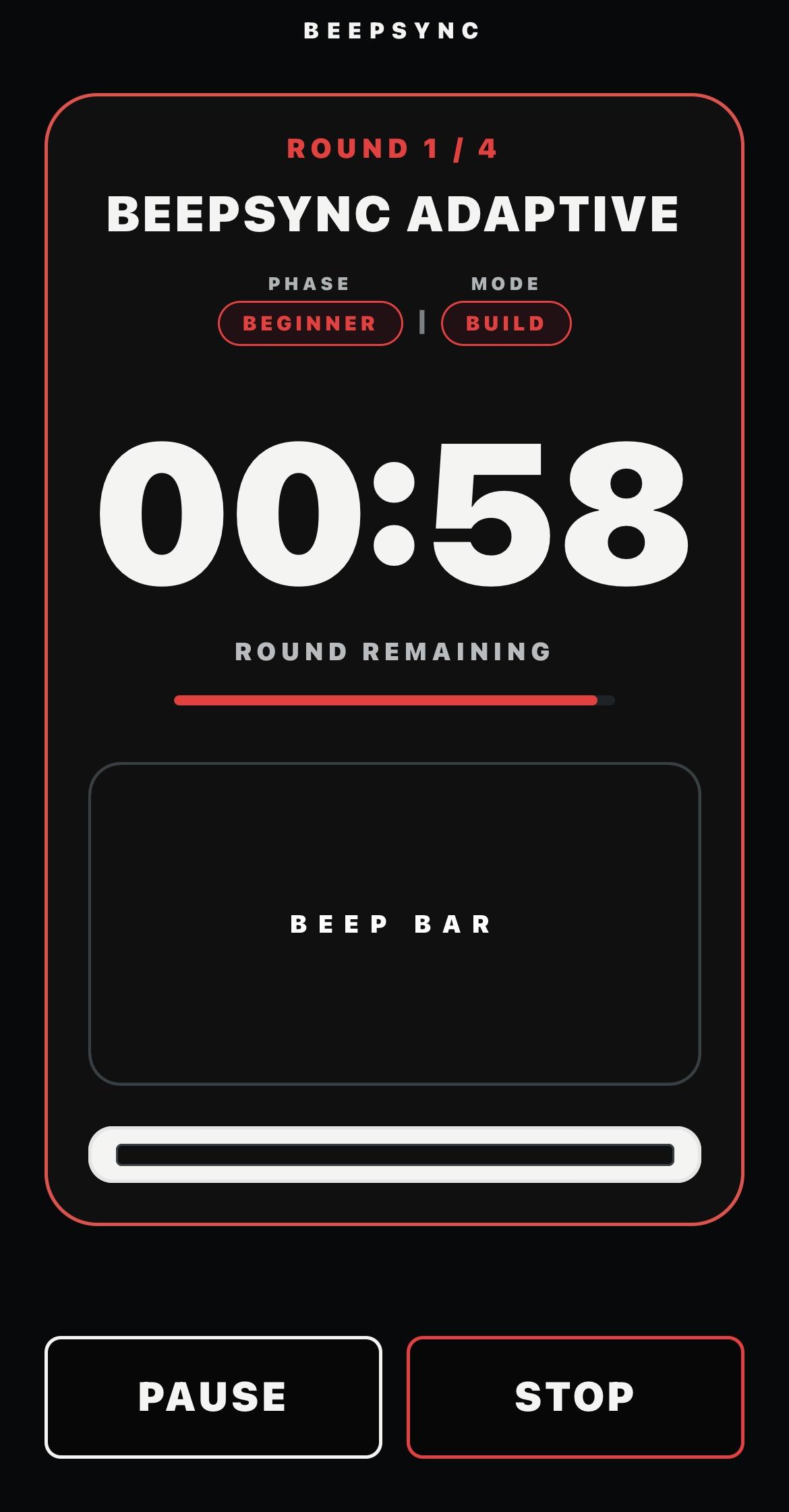 BeepSync Adaptive console in the live round state, showing a red state band reading round 1 of 4, the round time remaining, the level and mode labels and the BeepBar