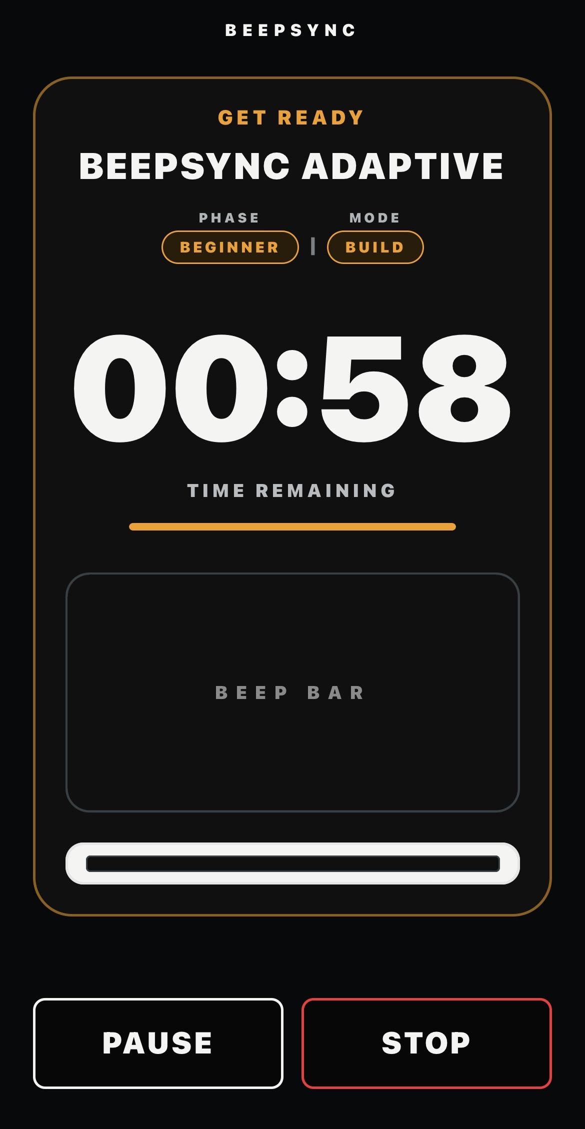 BeepSync Adaptive console in the get ready state, showing an amber state band, a 58 second countdown, the level and mode labels and the BeepBar area