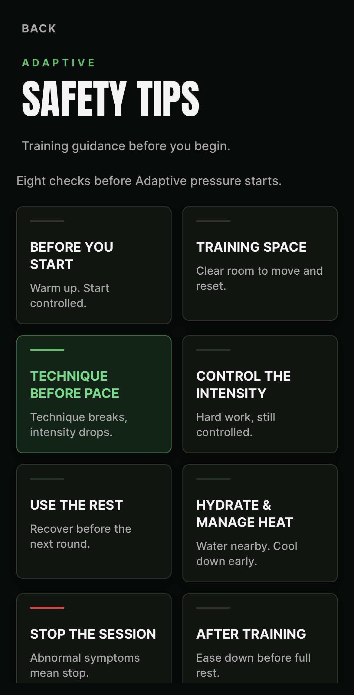 BeepSync Adaptive safety tips screen showing eight guidance cards covering warm up, training space, technique before pace, intensity, rest, hydration, stopping the session and cooling down