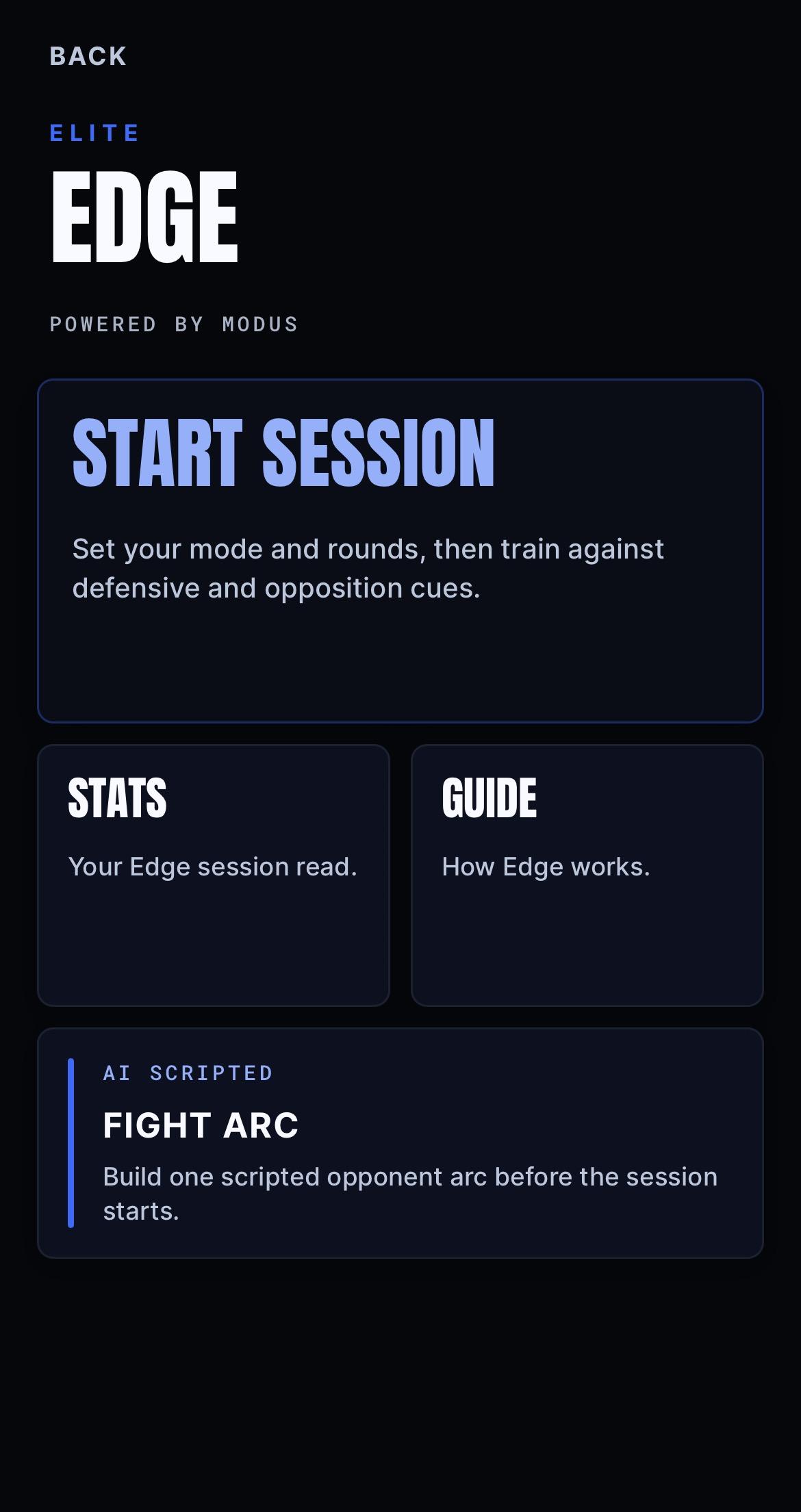 BeepSync Edge hub with Start Session, Stats, Guide and optional Fight Arc options