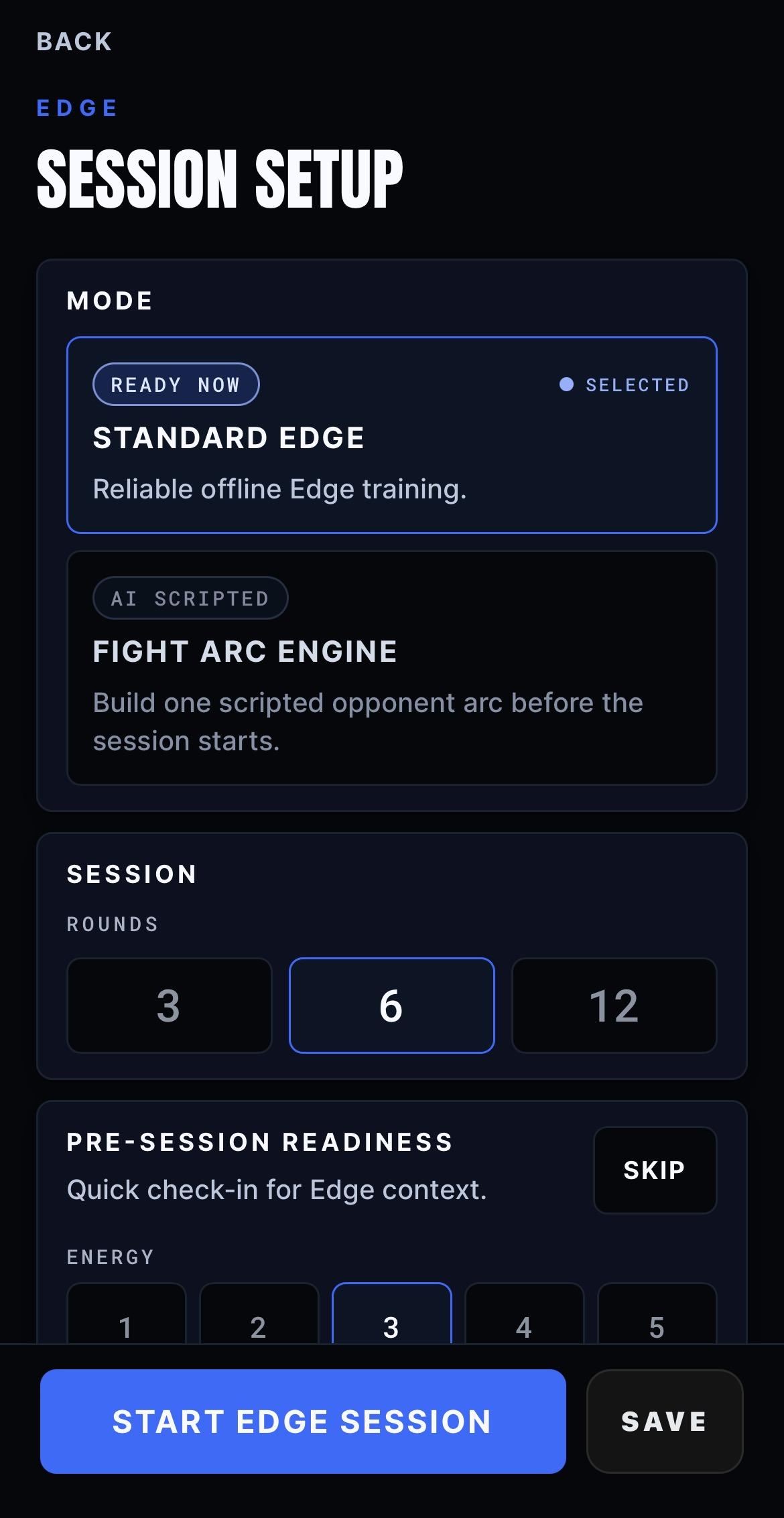BeepSync Edge setup showing Standard Edge selected, optional Fight Arc mode and 3, 6 or 12 round choices