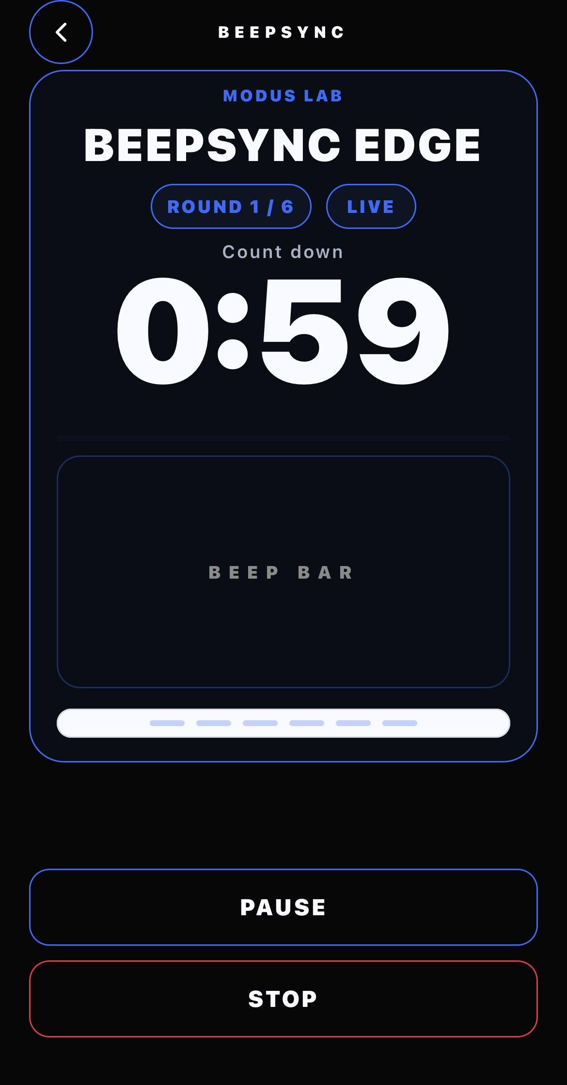BeepSync Edge active session screen showing round one of six, live state, timer, Beep Bar and pause and stop controls