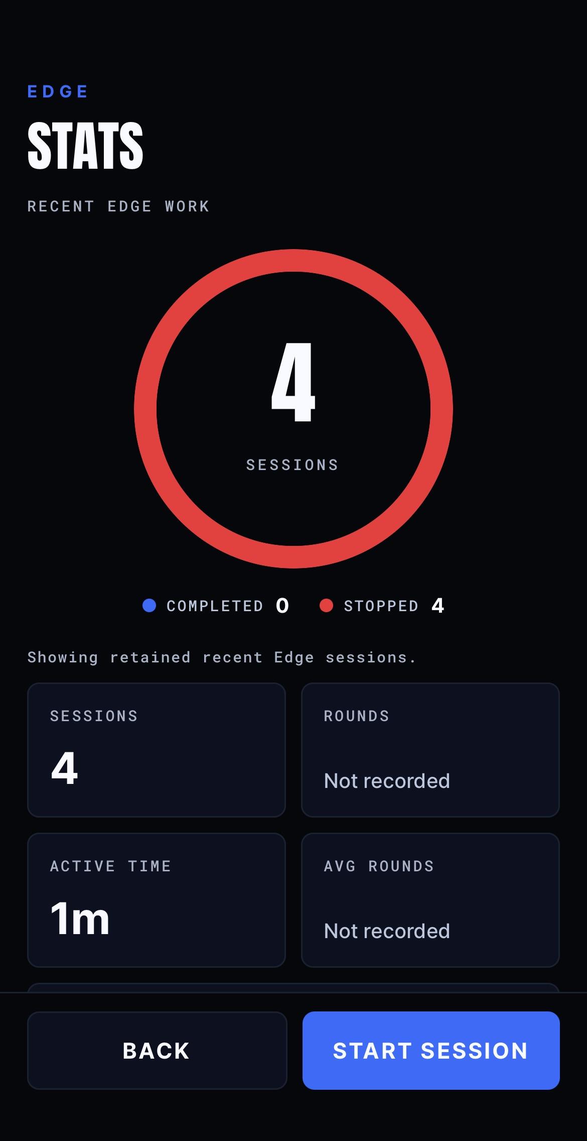 BeepSync Edge stats screen showing retained recent Edge sessions and summary cards