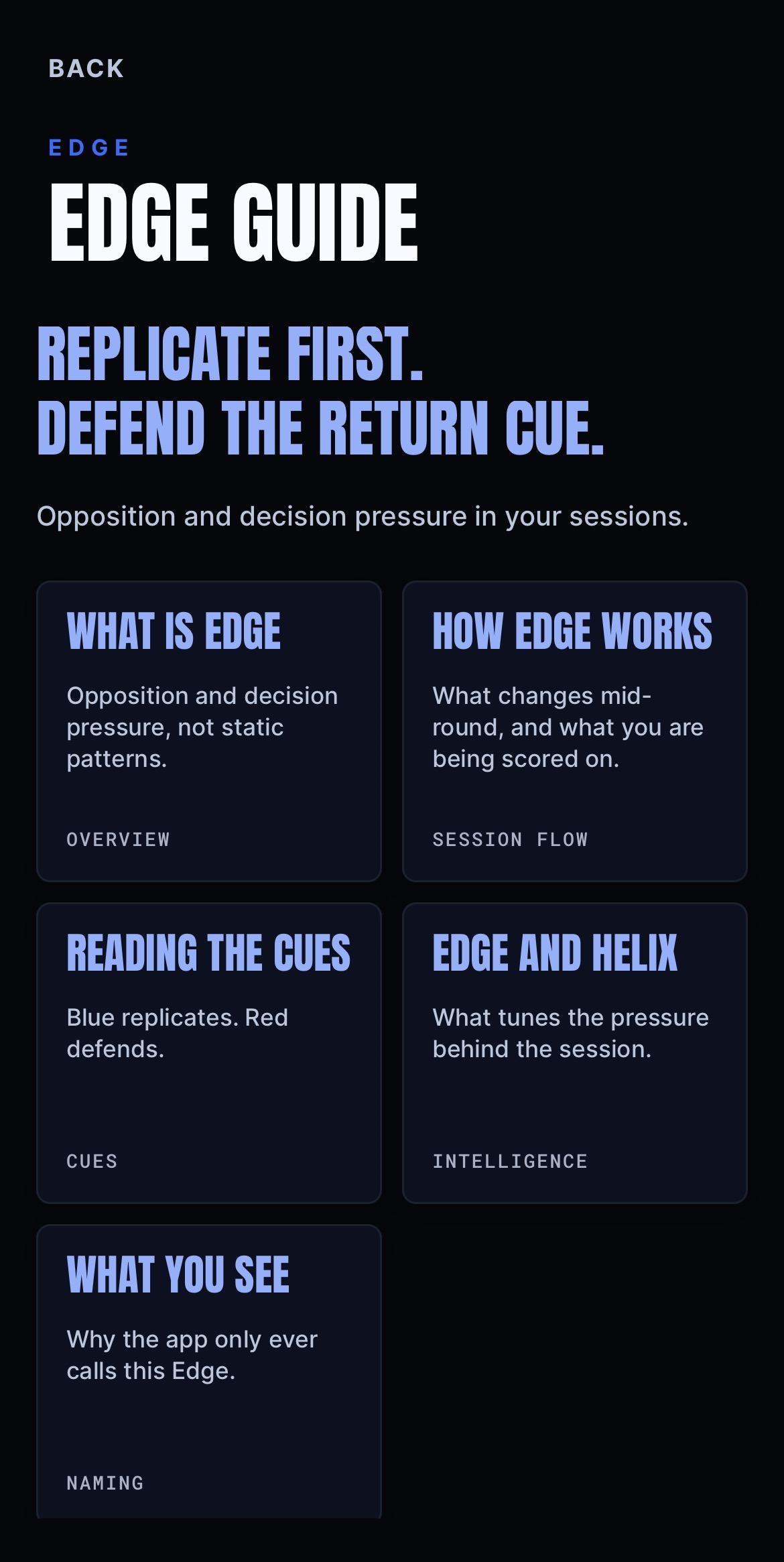 BeepSync Edge guide explaining replicate first, defend the return cue, blue replicates and red defends