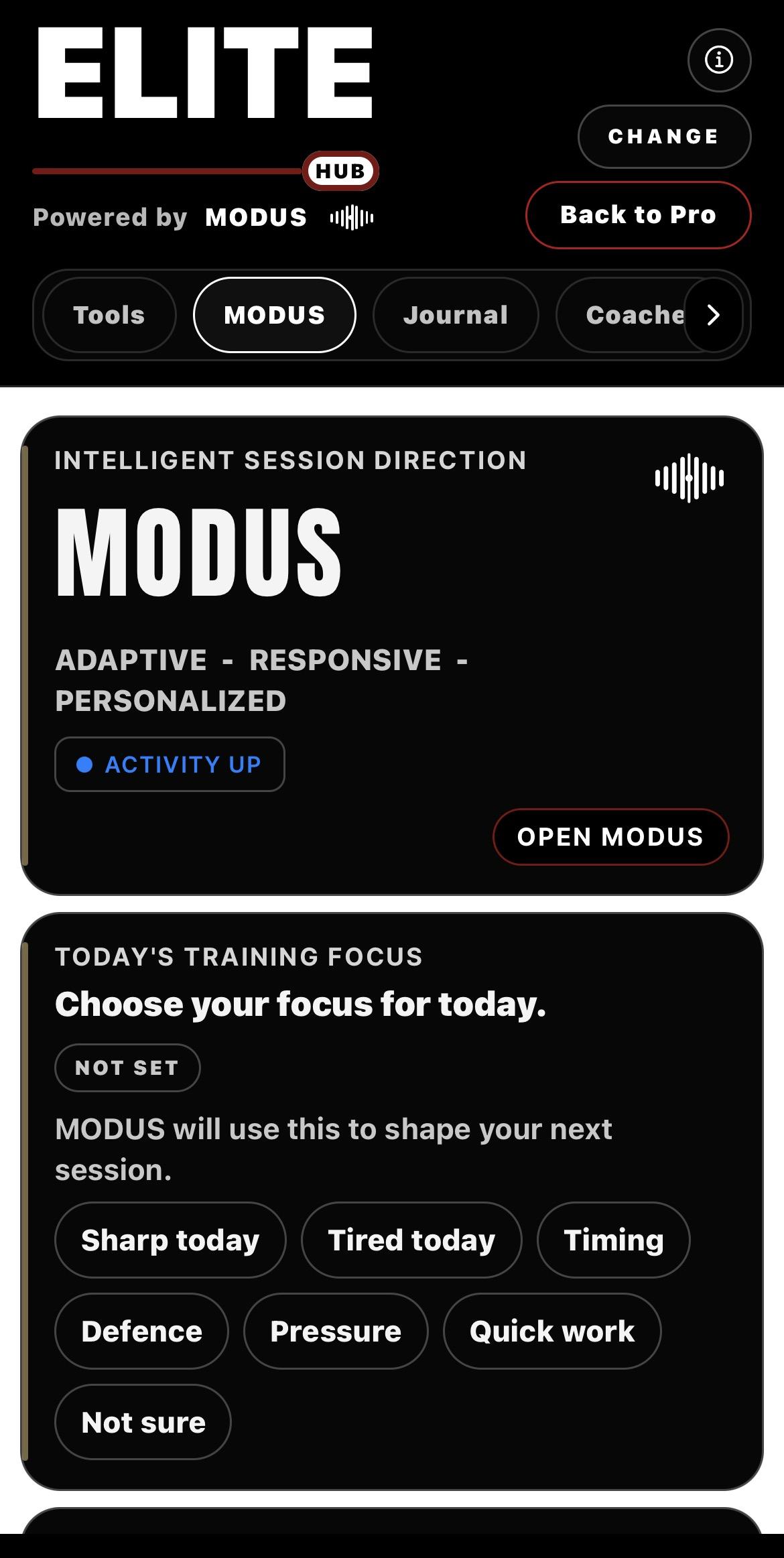 Elite hub screen with MODUS selected, Open MODUS action and training focus choices