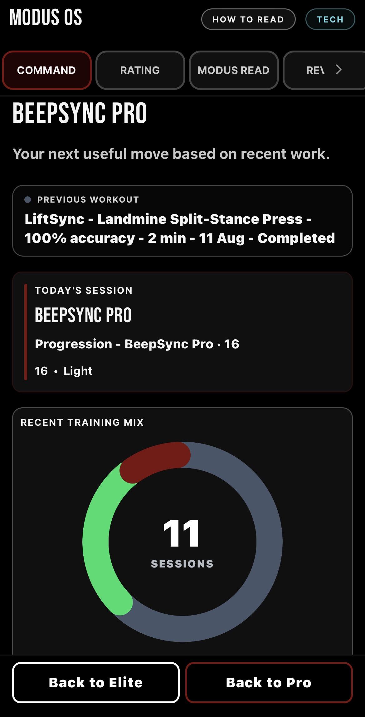 MODUS command screen showing the next useful move based on recent work, today's session and recent training mix