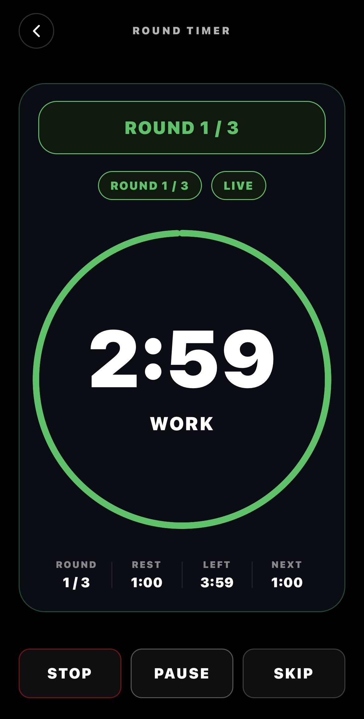 BeepSync round timer screen showing round timing controls for structured training