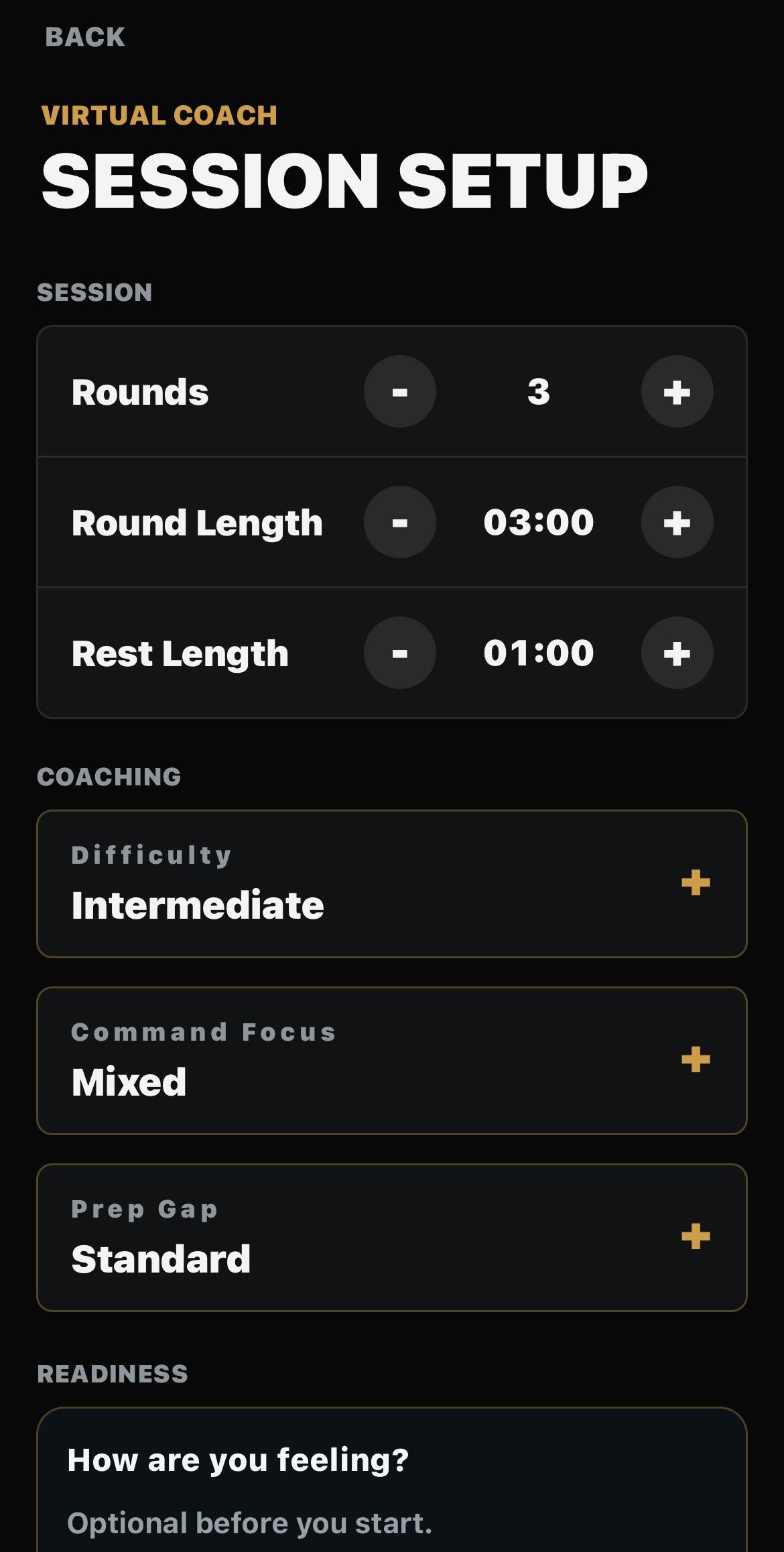 Virtual Coach session setup screen showing rounds, round and rest length, difficulty, command focus, prep gap and an optional readiness check