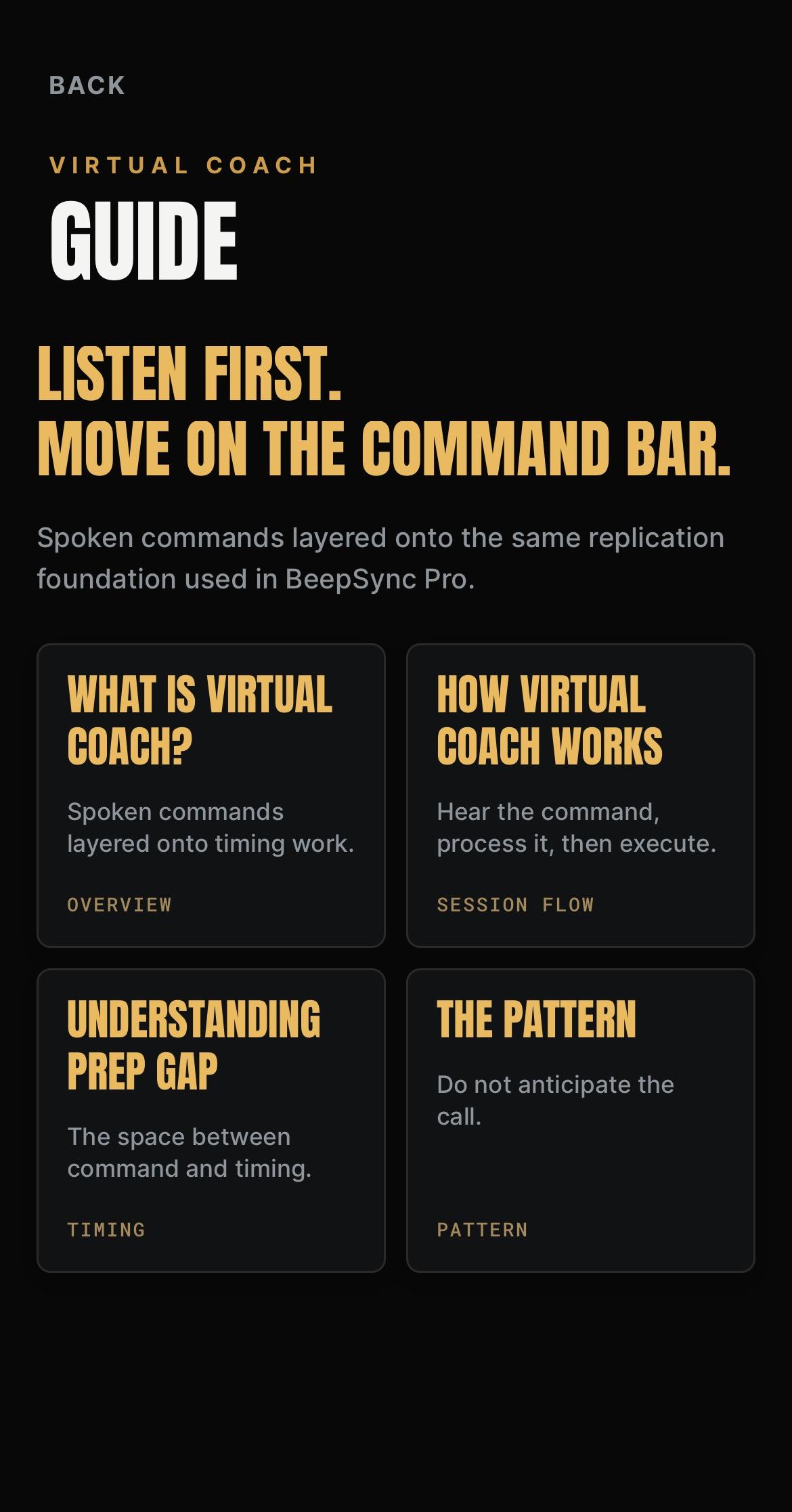 Virtual Coach guide screen explaining what Virtual Coach is, how a session flows, the prep gap and why not to anticipate the call