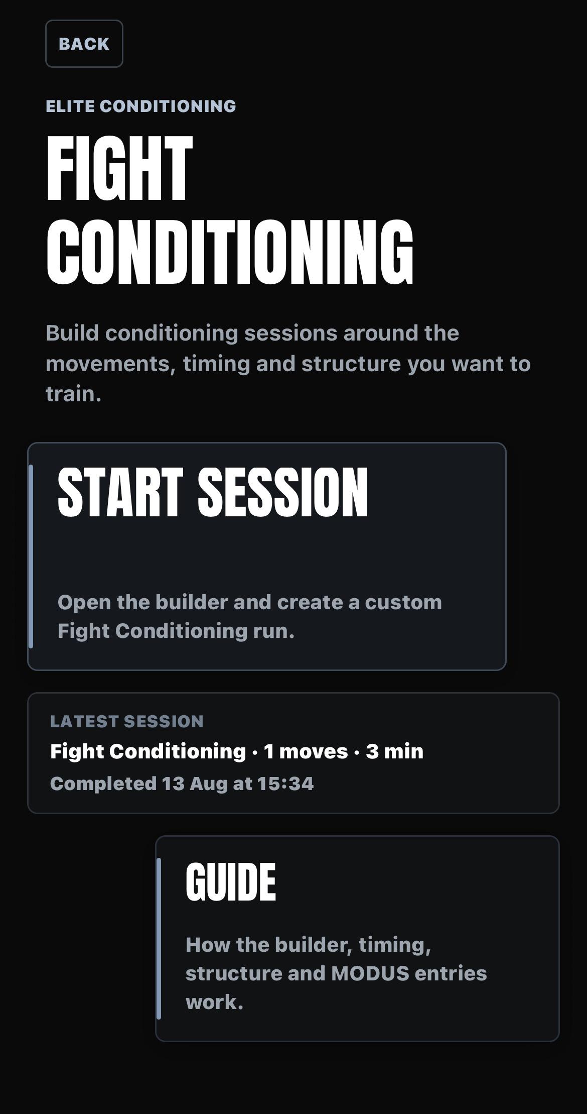 Fight Conditioning hub screen with Start Session, the latest completed session and a link to the guide