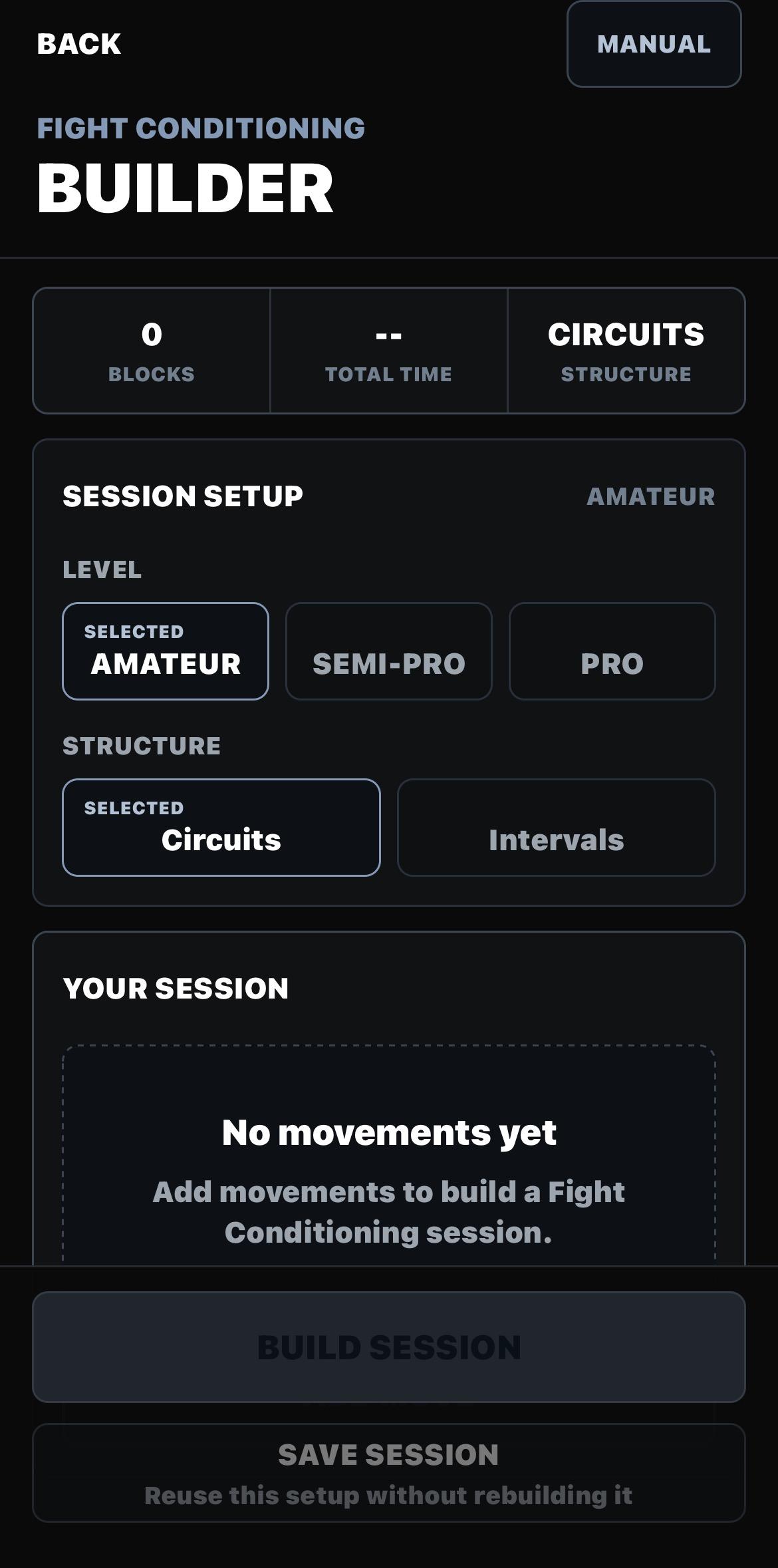 Fight Conditioning builder screen showing block count, total time, Amateur, Semi-Pro and Pro levels, and Circuits or Intervals structure
