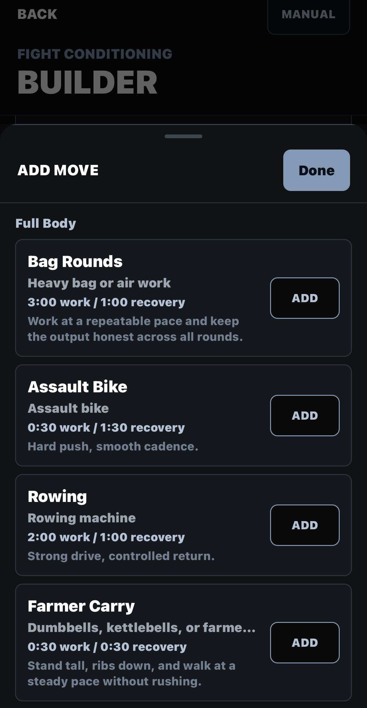 Fight Conditioning movement library showing bag rounds, assault bike, rowing and farmer carry with their authored work and recovery timings