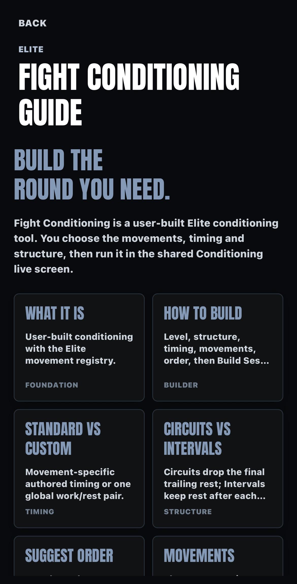 Fight Conditioning guide screen explaining the builder, standard versus custom timing, circuits versus intervals and movement order