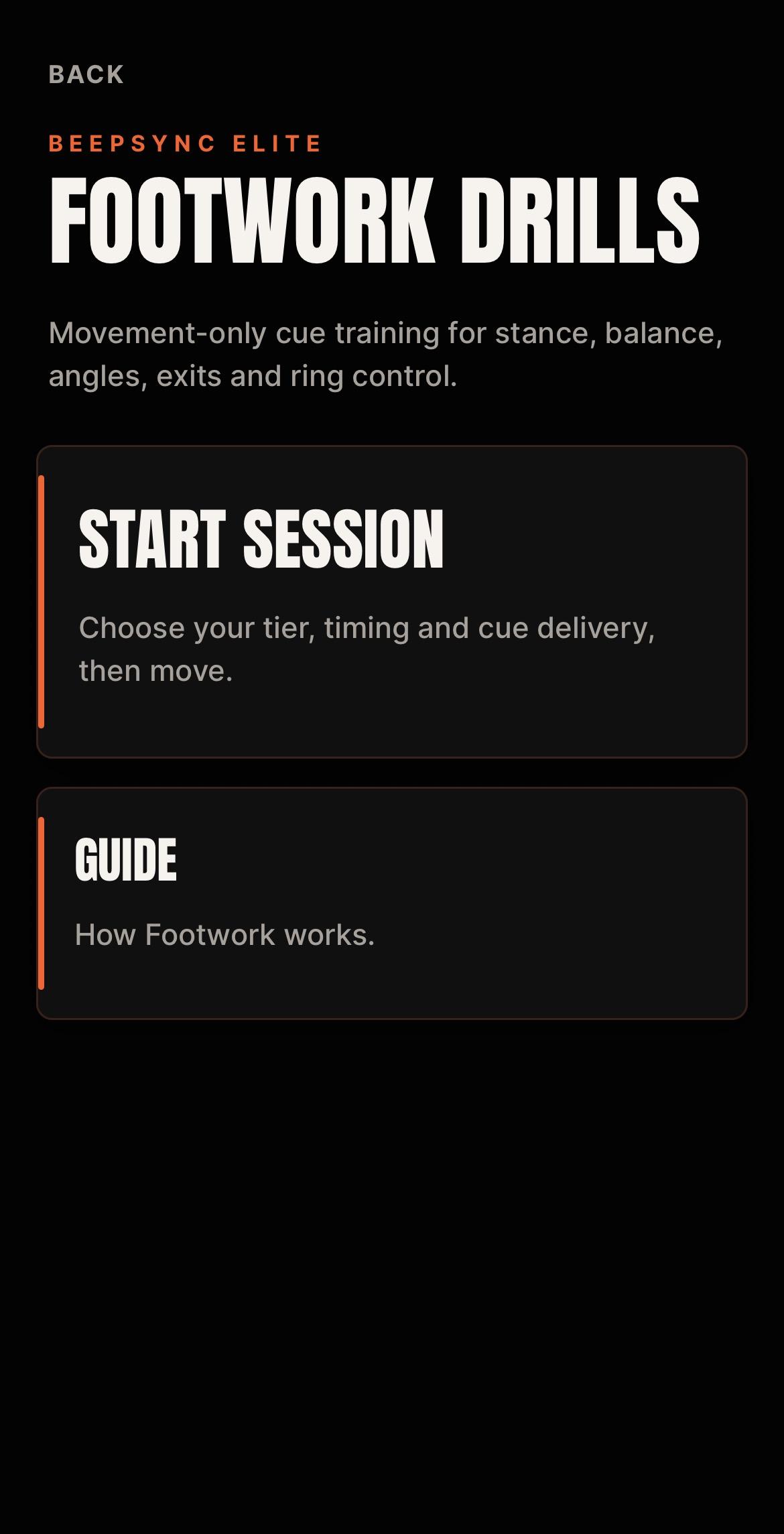 Footwork Drills hub screen showing Start Session and Guide options with movement-only cue training for stance, balance, angles, exits and ring control