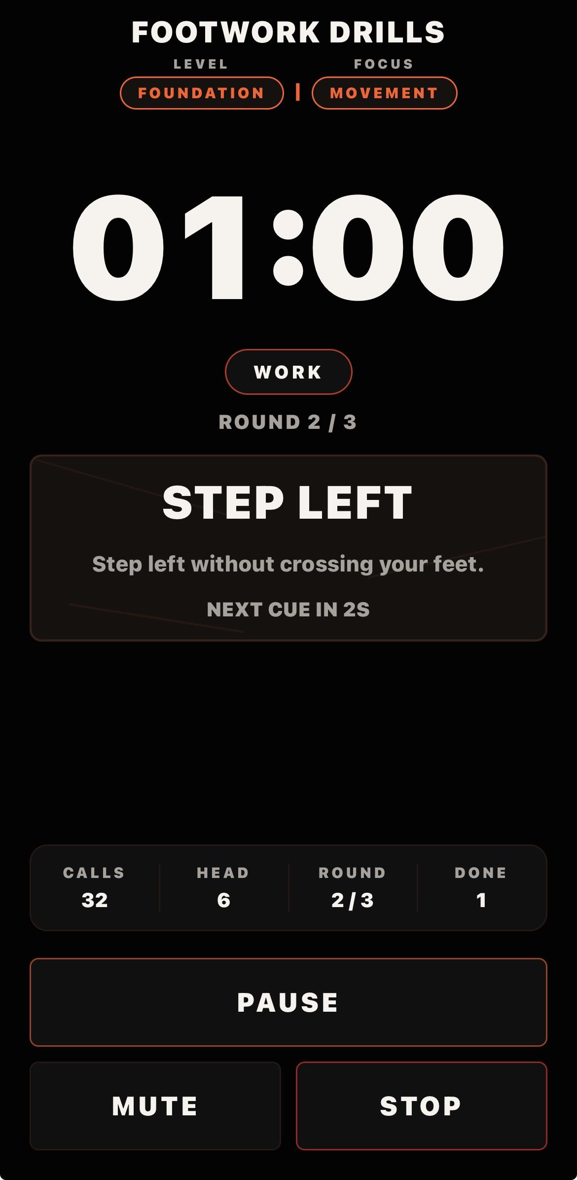 Footwork Drills active session showing a Step Left movement cue, round timer, next cue countdown and session controls