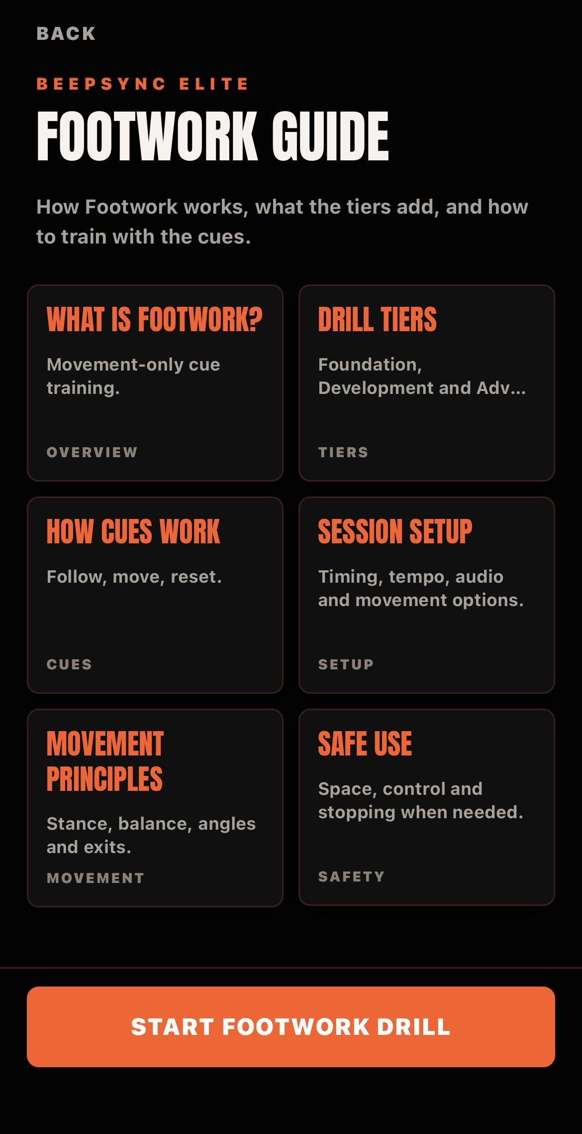Footwork Guide screen showing movement-only cue training, drill tiers, cue setup, movement principles and safe use