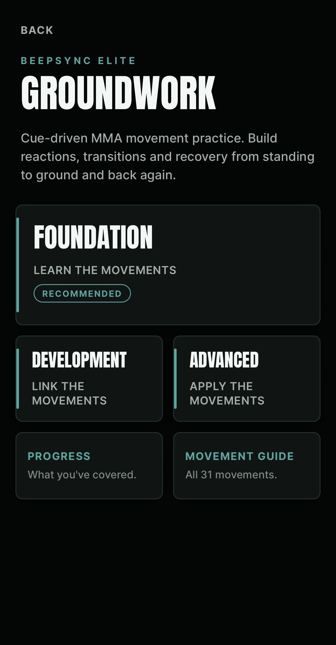 Groundwork hub screen showing Foundation, Development, Advanced, Progress and Movement Guide options