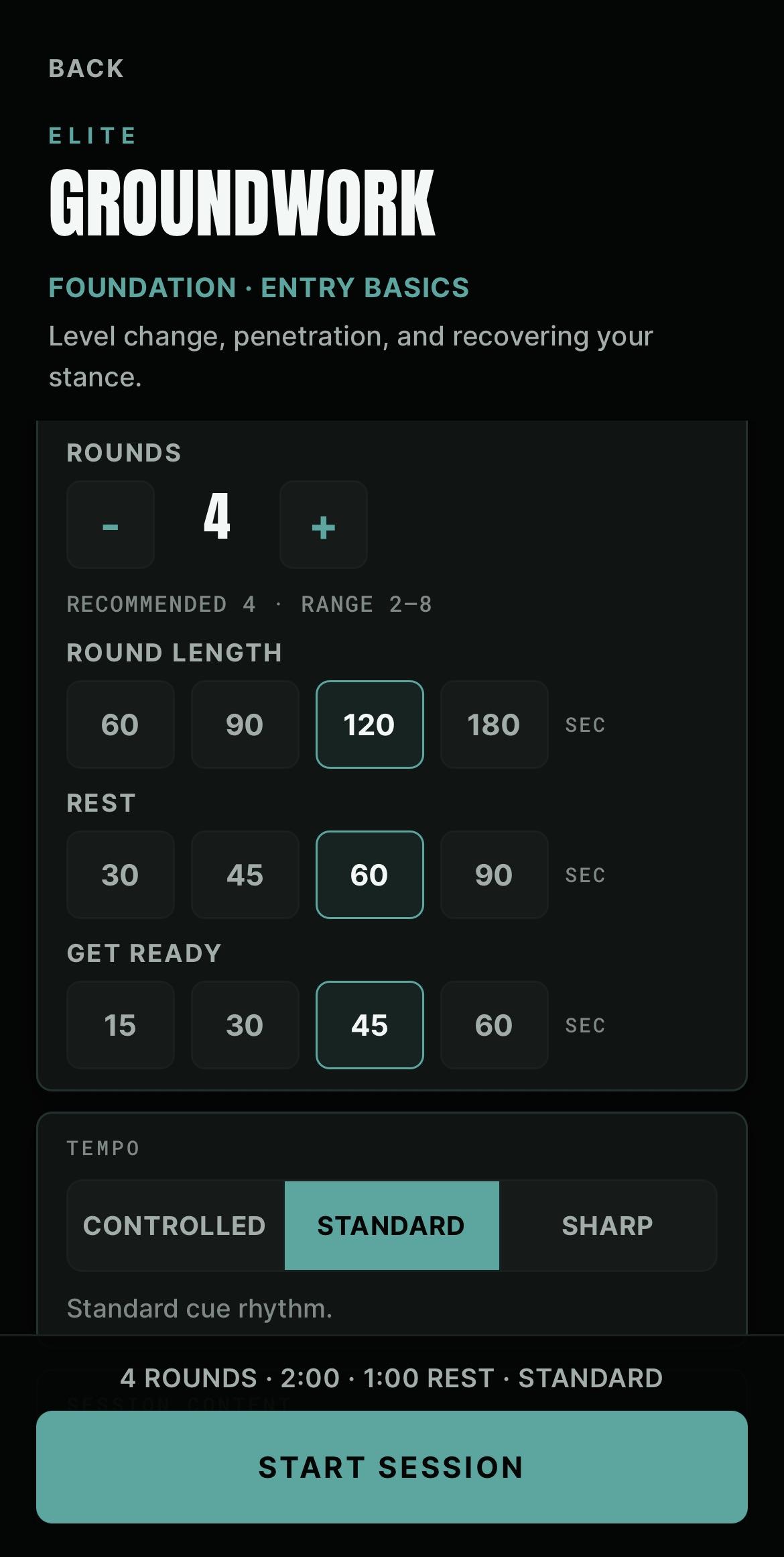 Groundwork setup screen showing rounds, round length, rest, get ready timing and tempo controls