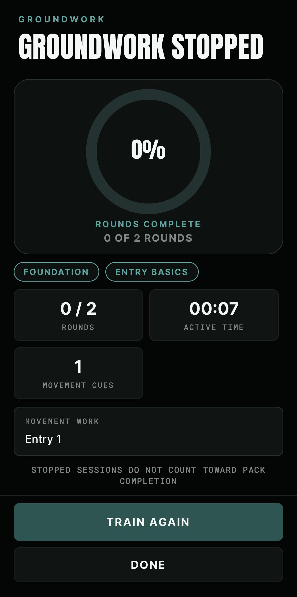 Groundwork results screen showing completed round coverage, active time, movement cues and movement work