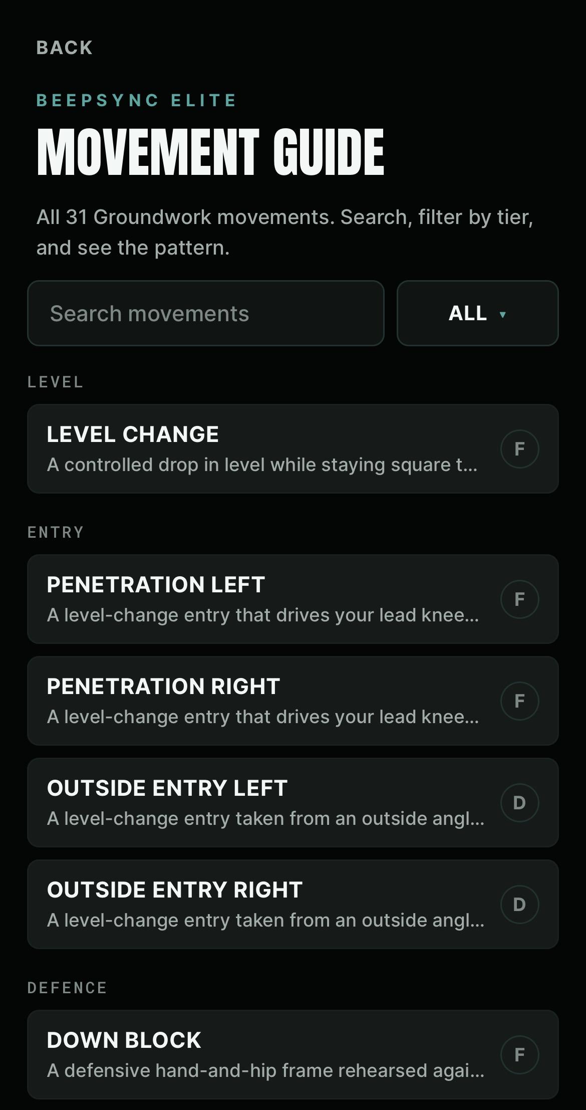 Groundwork Movement Guide showing searchable MMA movement entries including level change, penetration steps and defensive movement