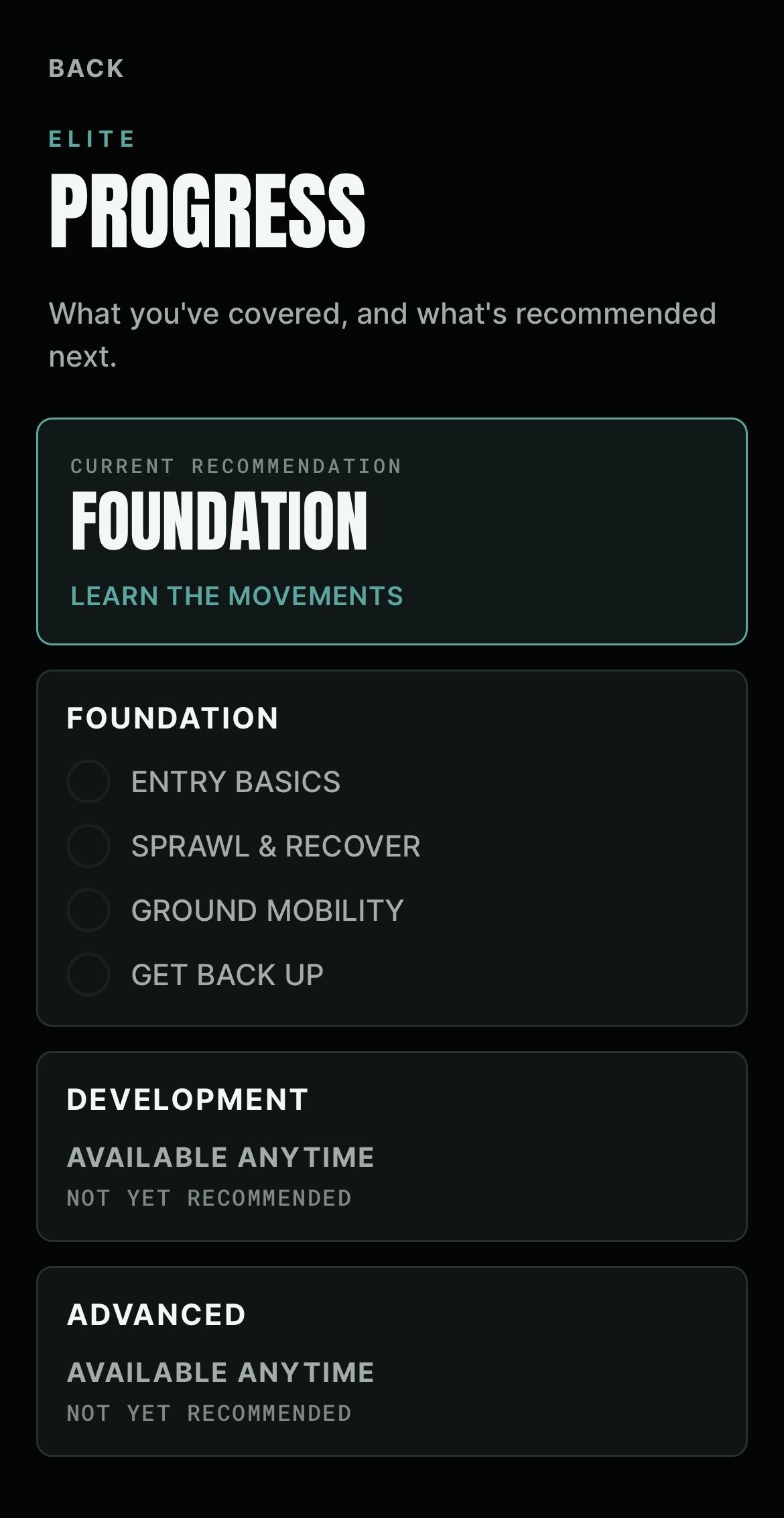 Groundwork Progress screen showing the current recommendation and Foundation, Development and Advanced coverage