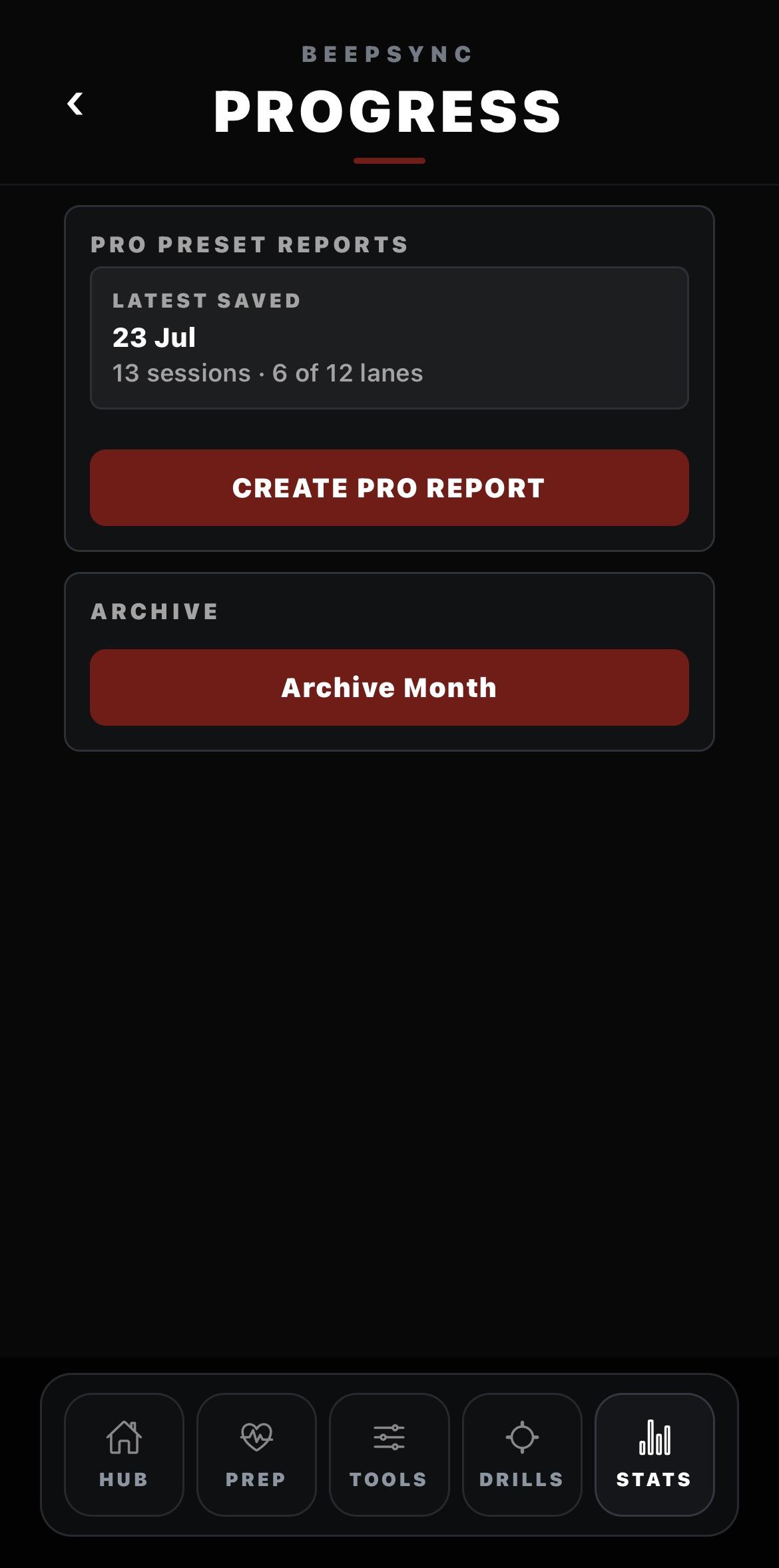 Pro Preset Reports with the latest saved report, Create Pro Report and Archive Month