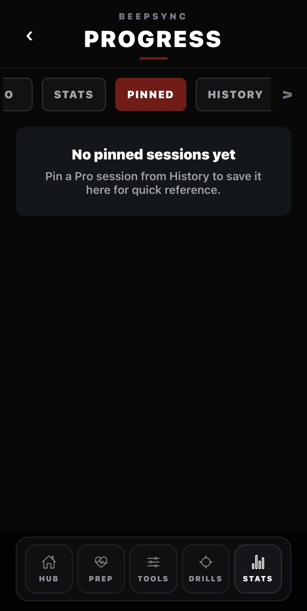 Pinned tab explaining that Pro sessions pinned from History are saved here