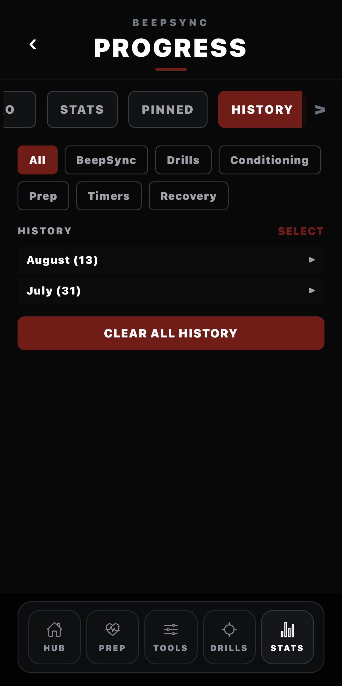 History tab with session type filters and recorded sessions grouped by month