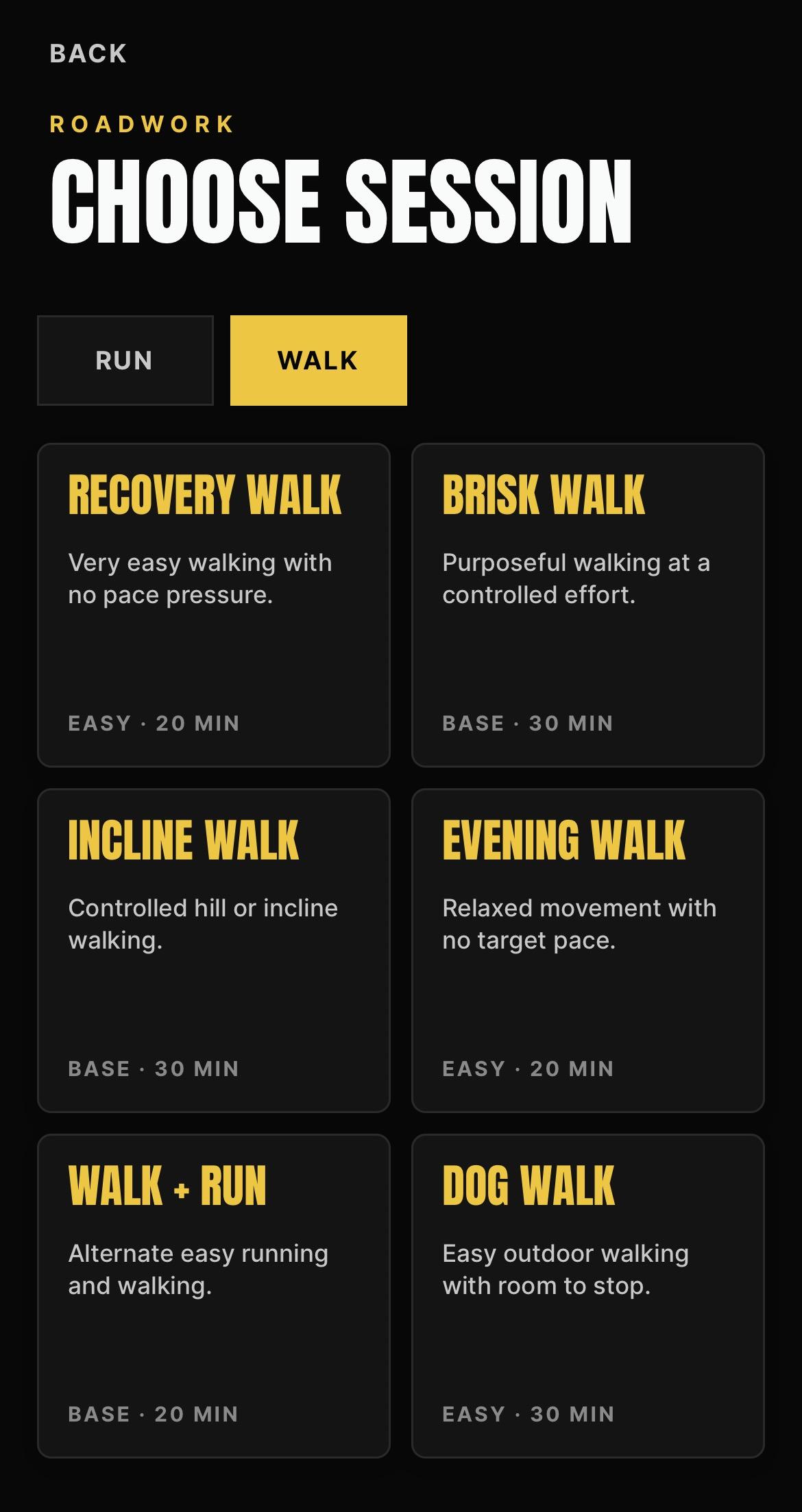BeepSync ROADWORK walk session library with recovery, brisk, incline and dog walk formats