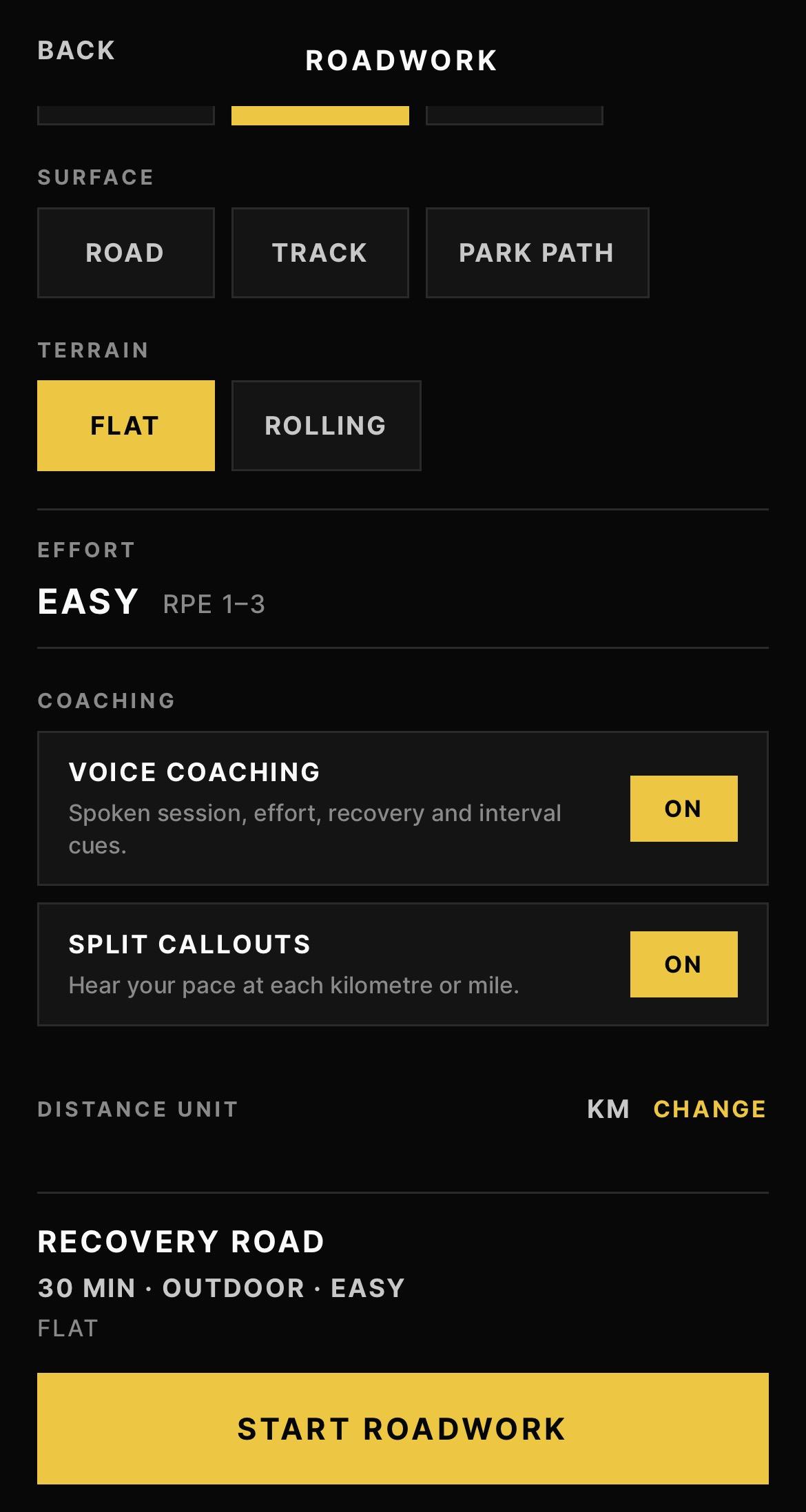 BeepSync ROADWORK session setup with coaching, split callouts, distance unit and start action