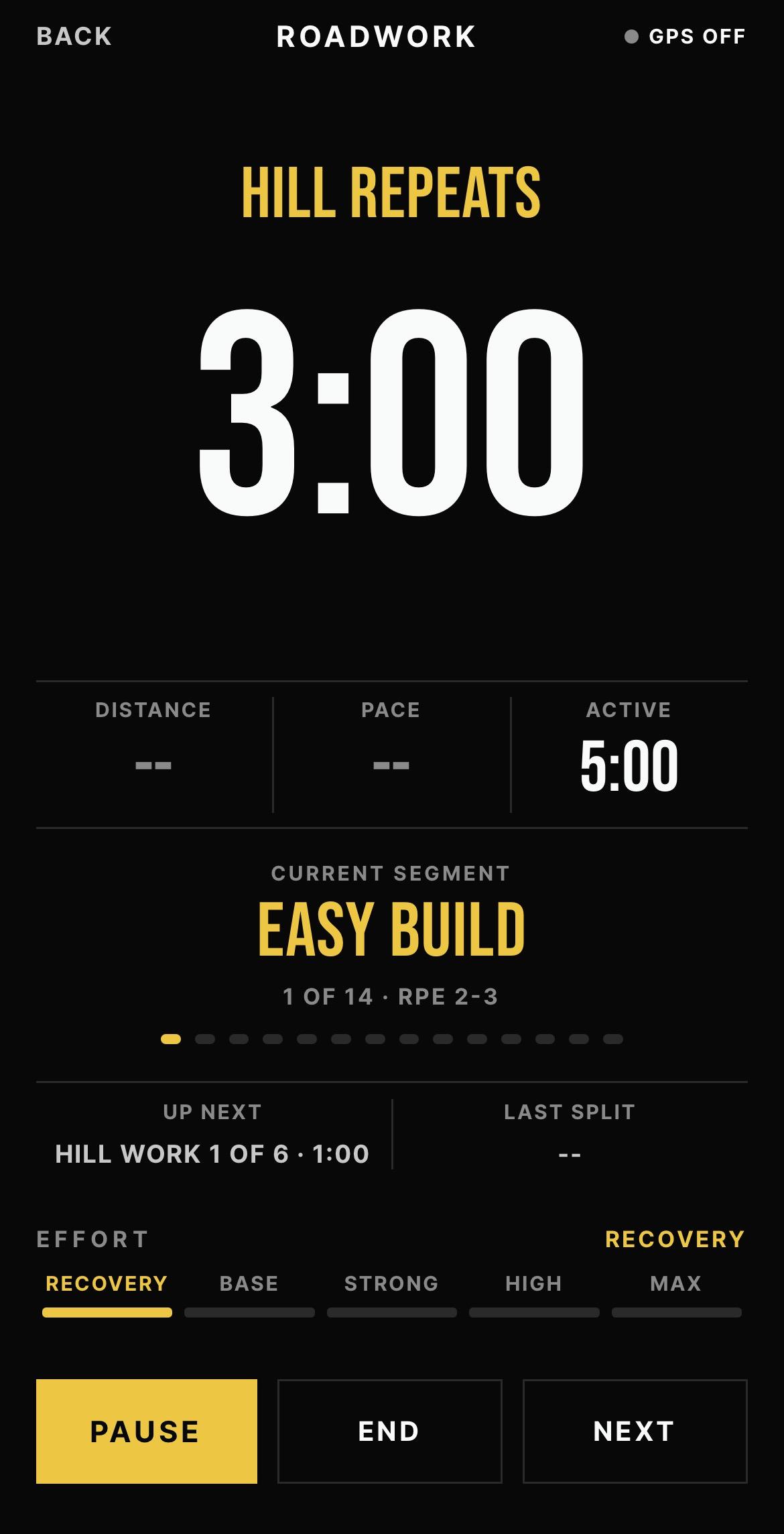 Active BeepSync ROADWORK session showing timer, GPS state, distance, pace, segments, effort band and controls