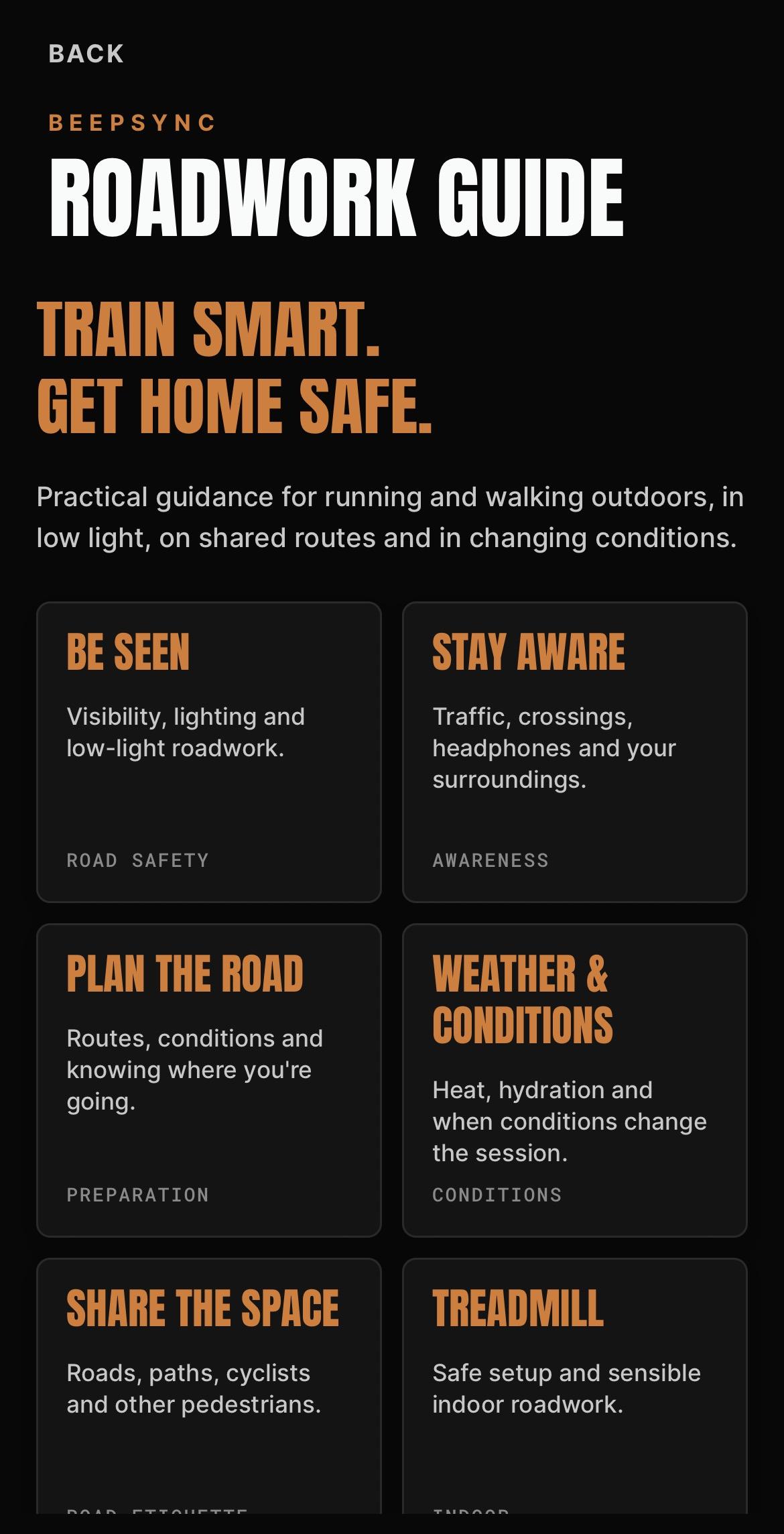 BeepSync ROADWORK guide showing outdoor, shared-space, weather and treadmill guidance