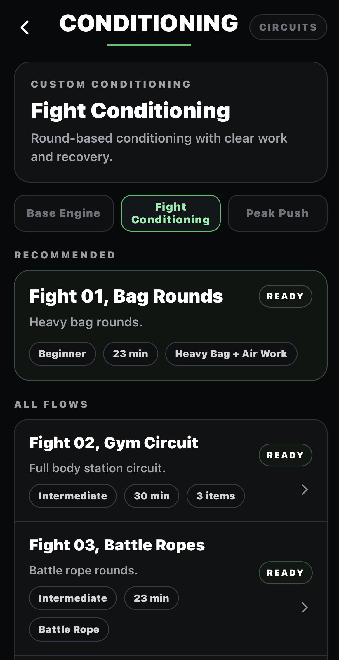 Fight Conditioning interface