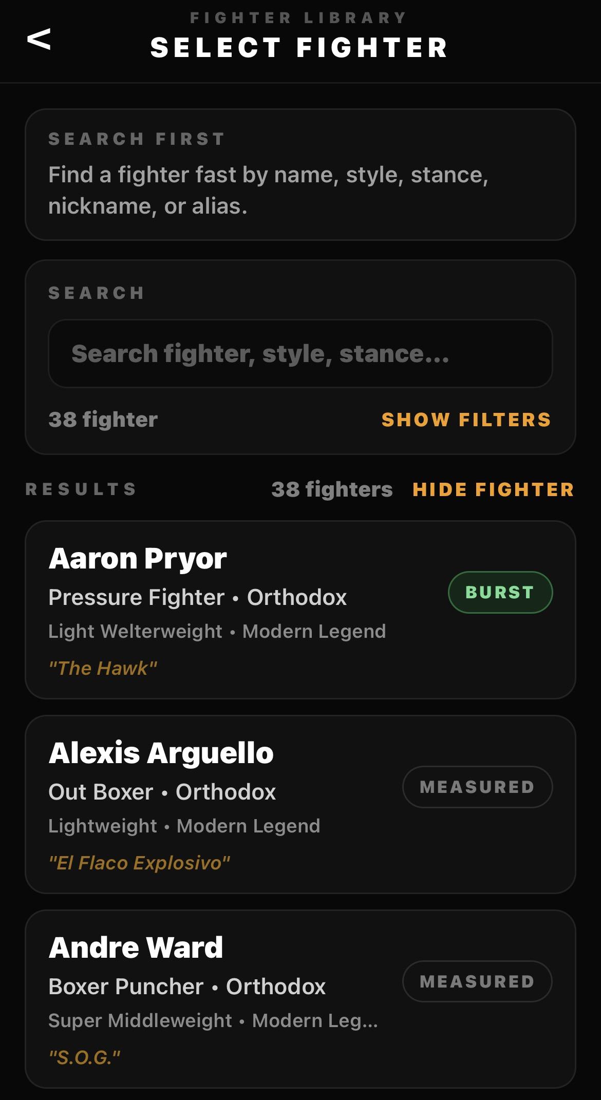 Fighter and Coach Library interface