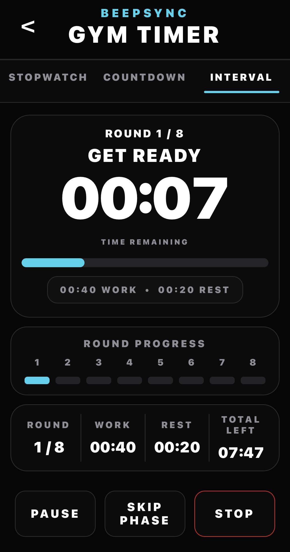 Gym Timers interval screen