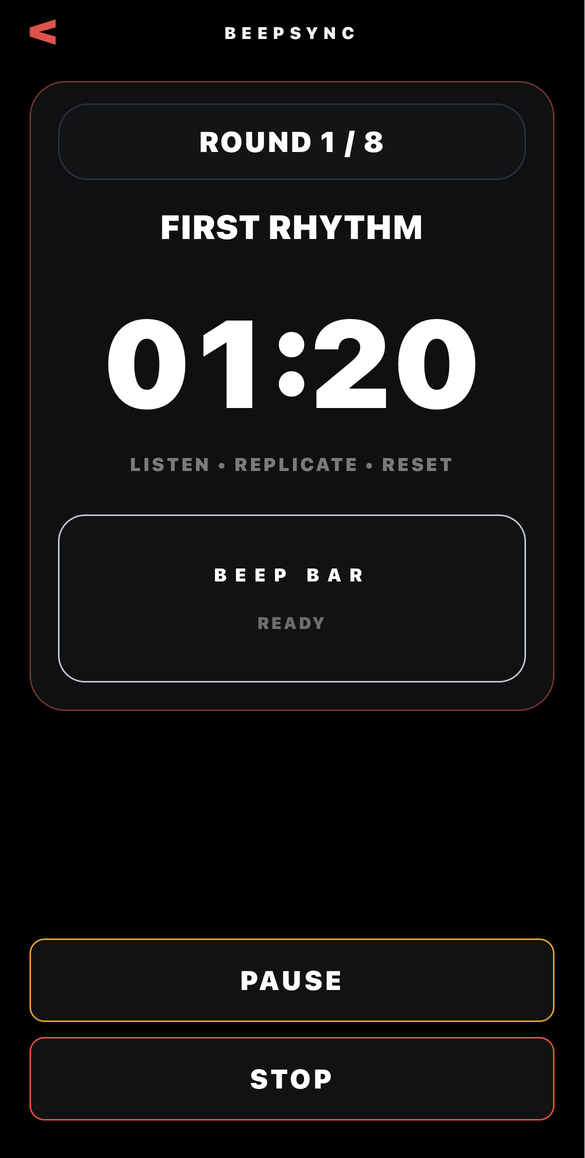BeepSync Pro active training screen showing a cue-led round and Beep Bar