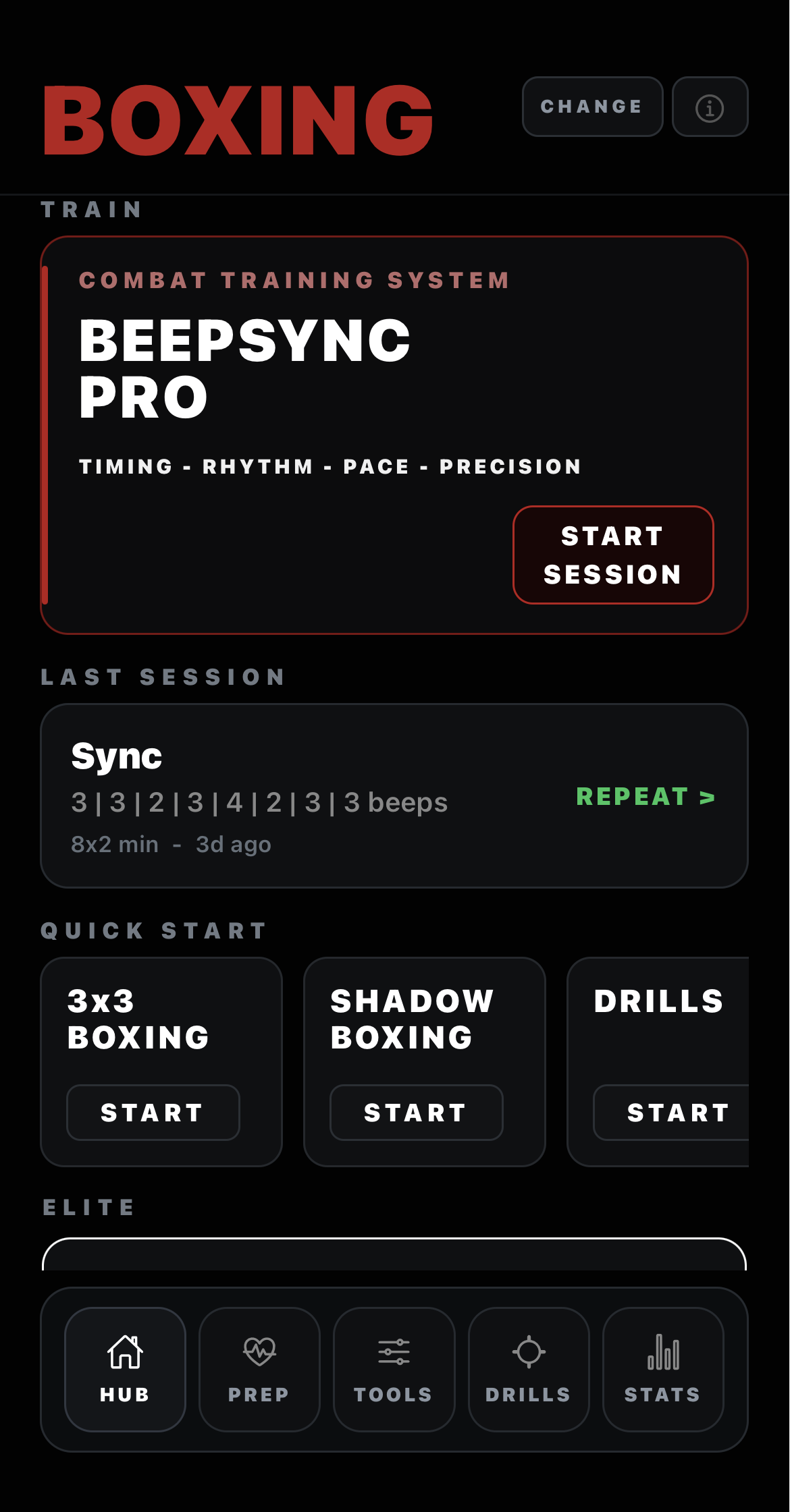 BeepSync Pro hub showing the combat training system and quick start options